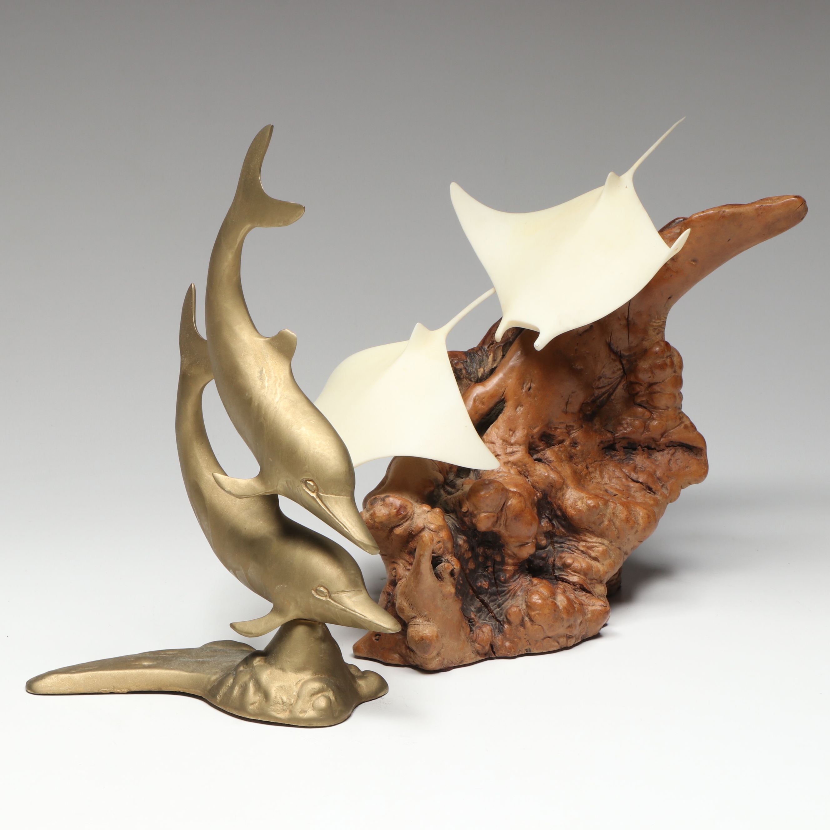 John Perry Studio Manta Ray on Burlwood Sculpture and Other Dolphin Figure