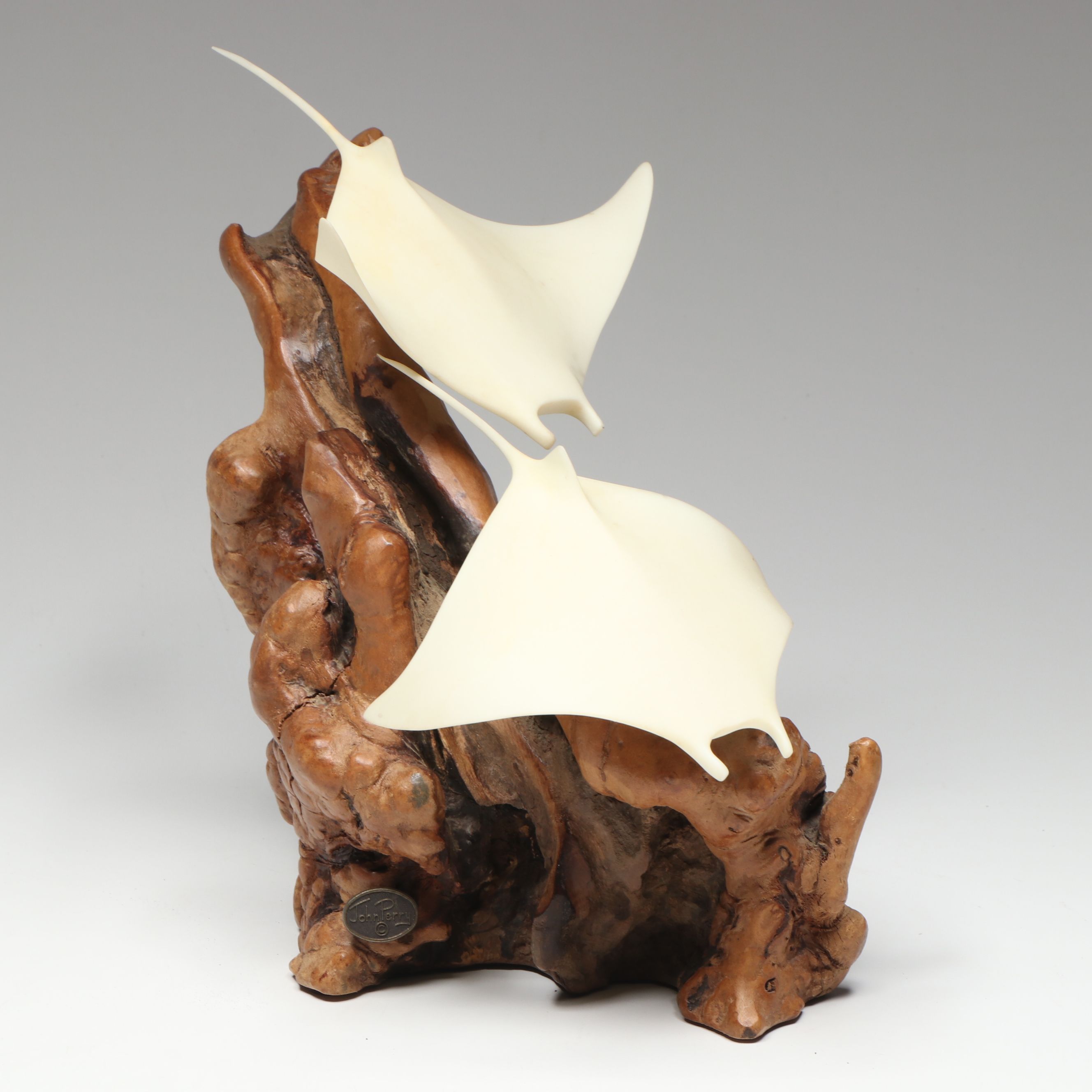 John Perry Studio Manta Ray on Burlwood Sculpture and Other Dolphin Figure