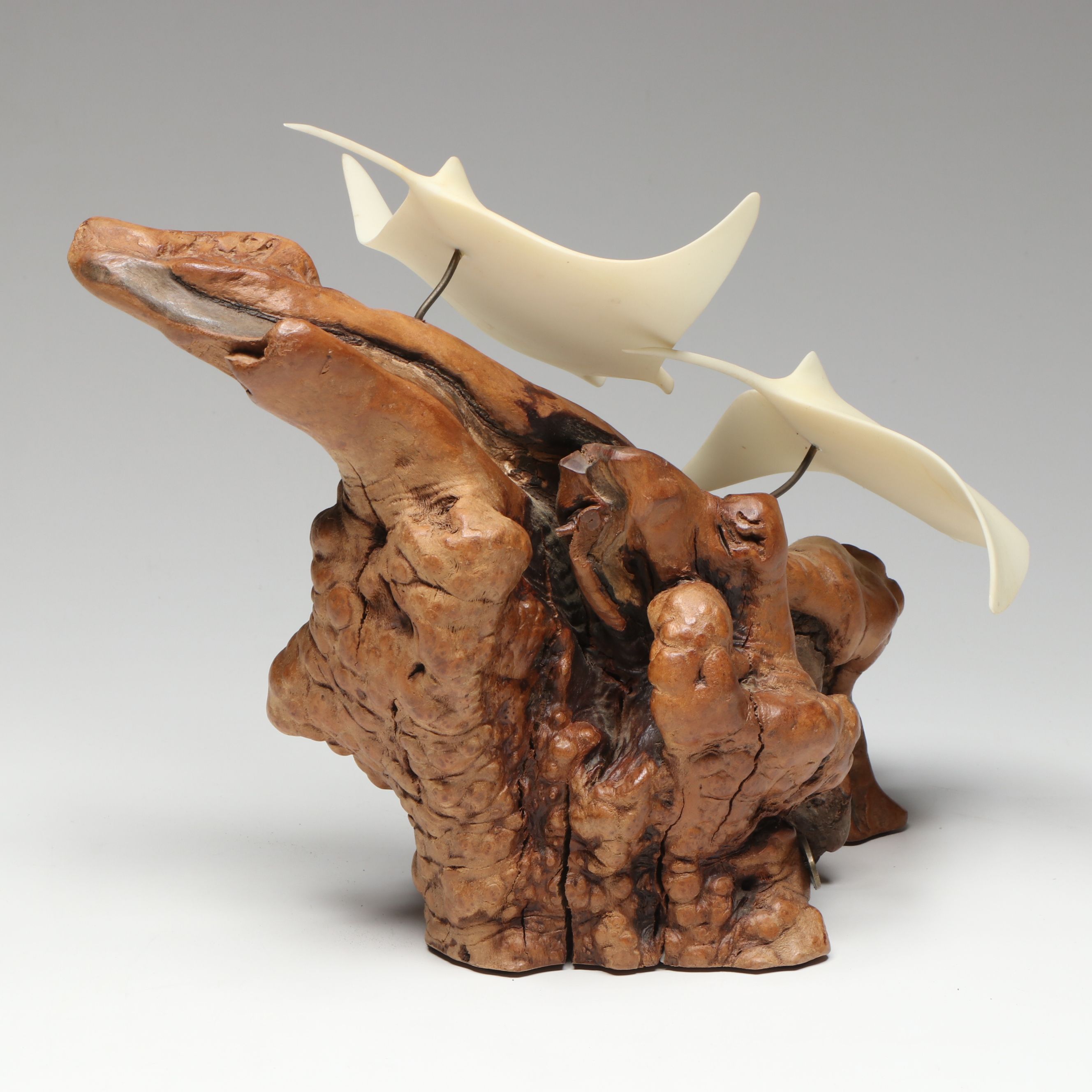 John Perry Studio Manta Ray on Burlwood Sculpture and Other Dolphin Figure