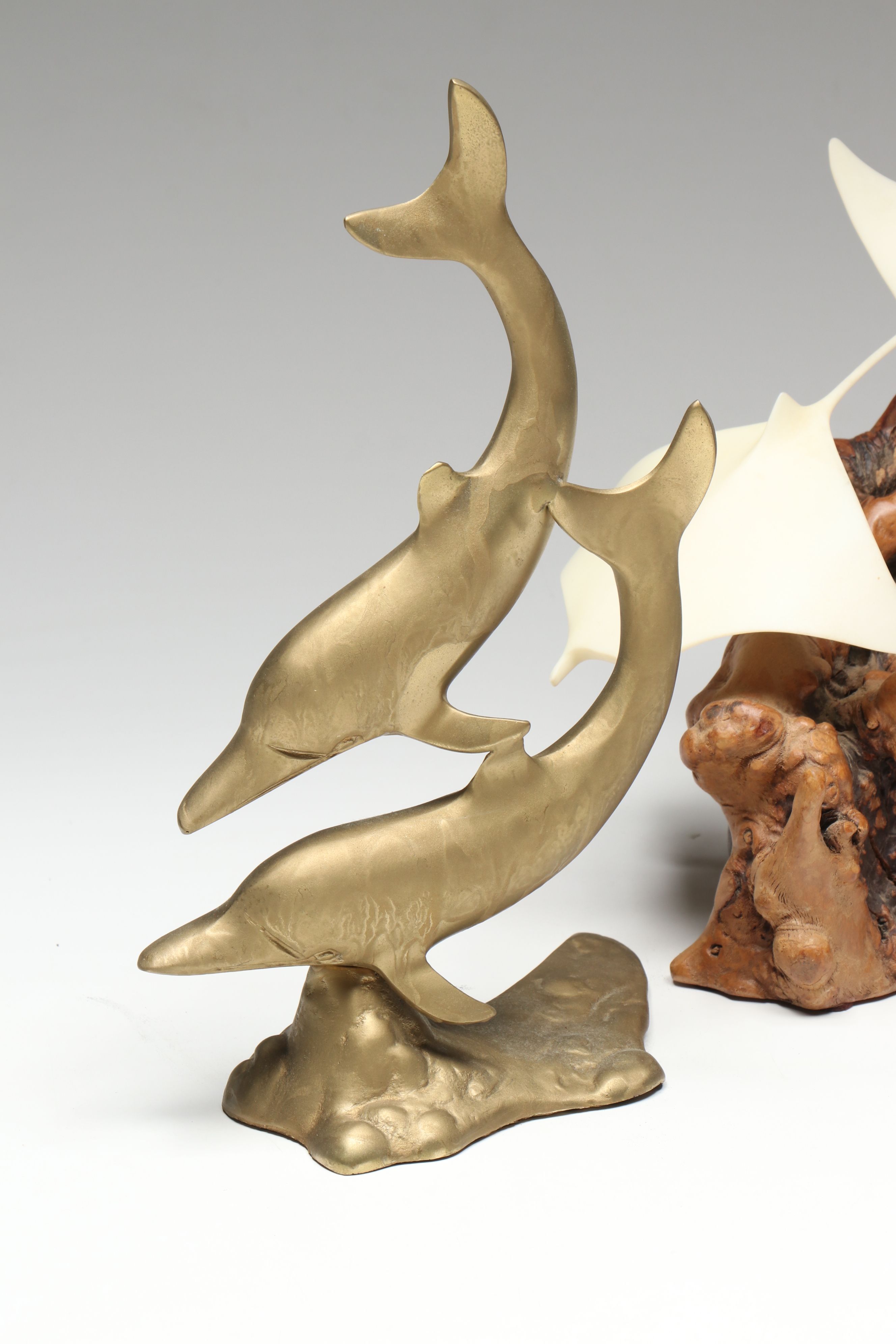 John Perry Studio Manta Ray on Burlwood Sculpture and Other Dolphin Figure