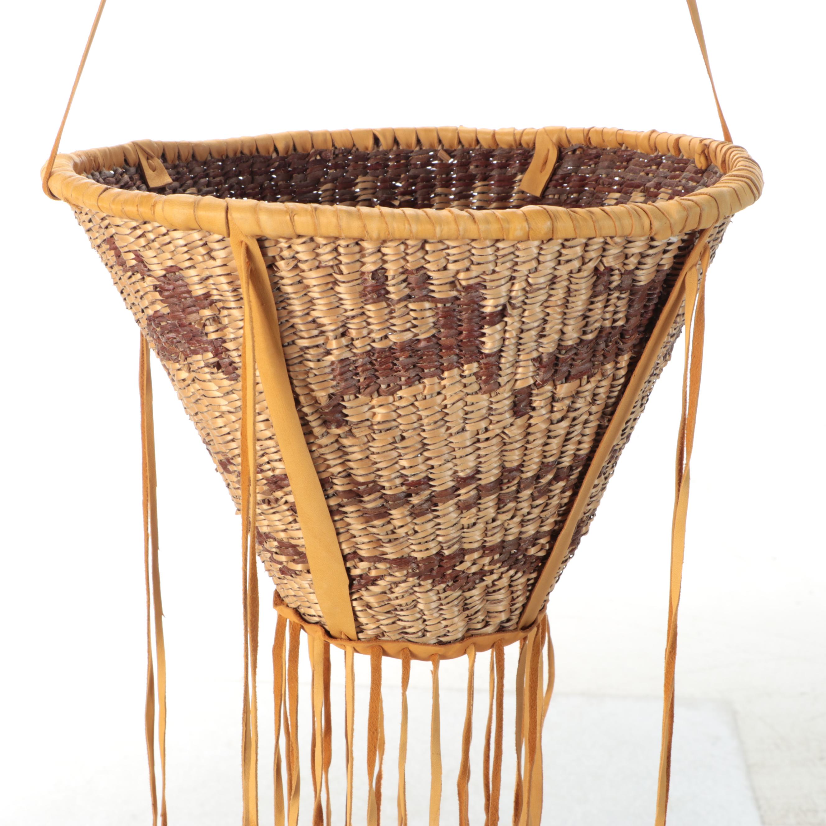 Indé (Apache) American Southwest Willow and Leather Burden Basket with Jingles