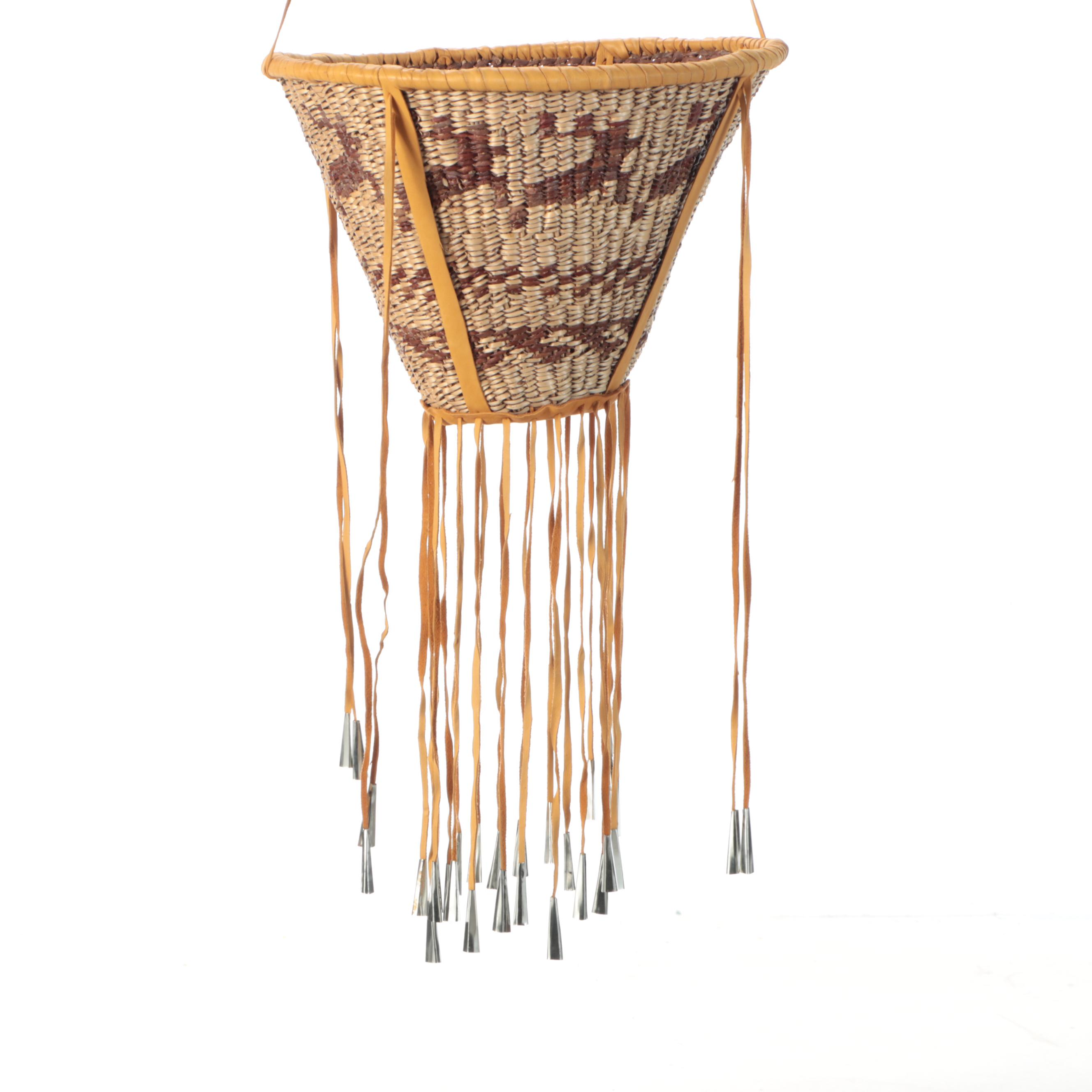 Indé (Apache) American Southwest Willow and Leather Burden Basket with Jingles