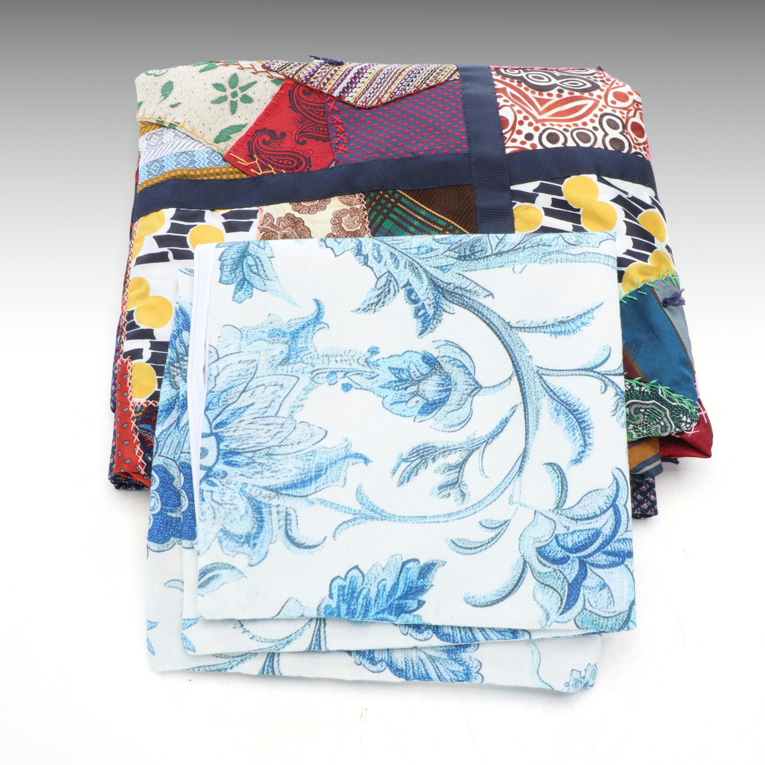 Victorian Style Hand-Embroidered Crazy Quilt with Blue Floral Pillow Cover