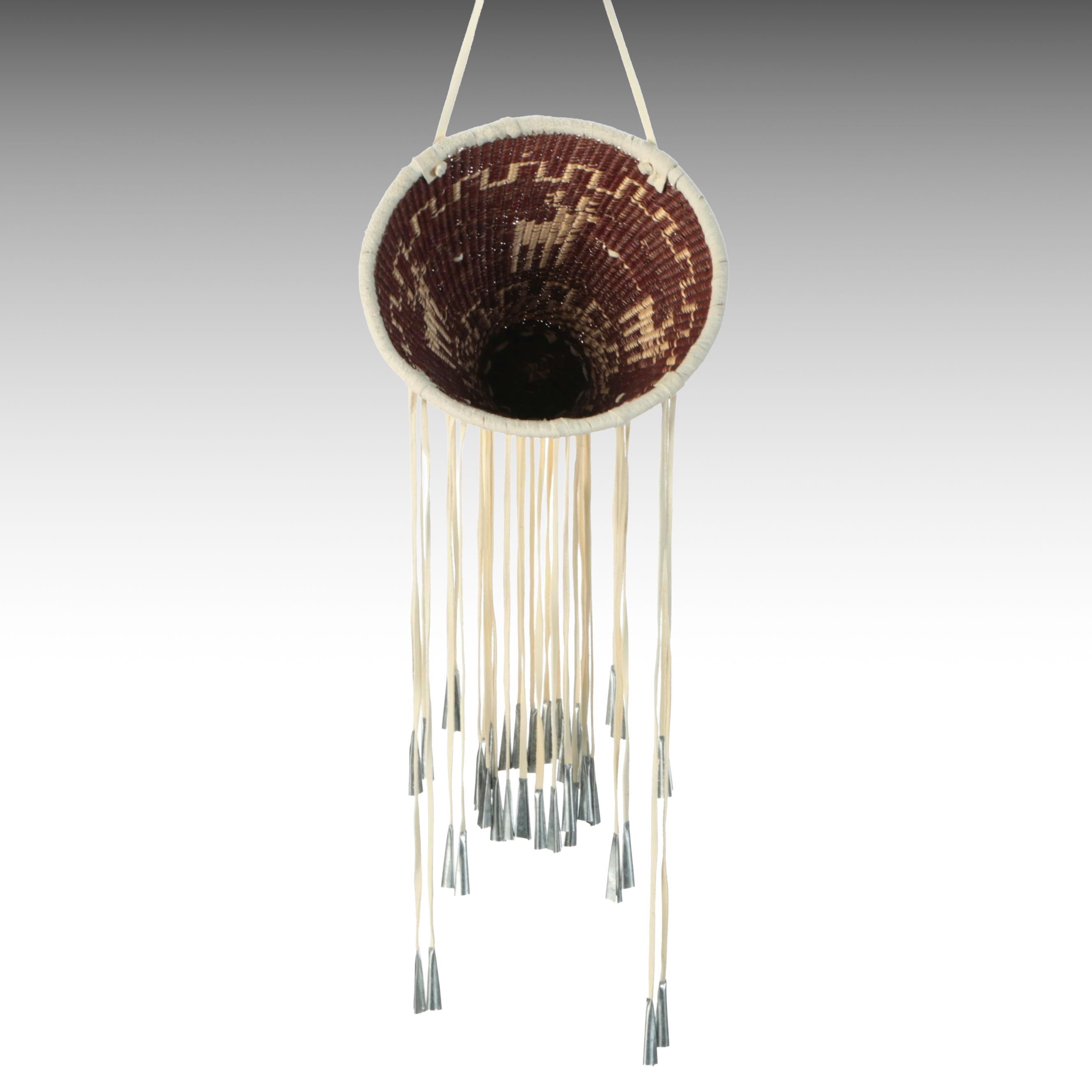 Mary Jane Dudley Indé (Apache) Willow and Buckskin Burden Basket with Jingles