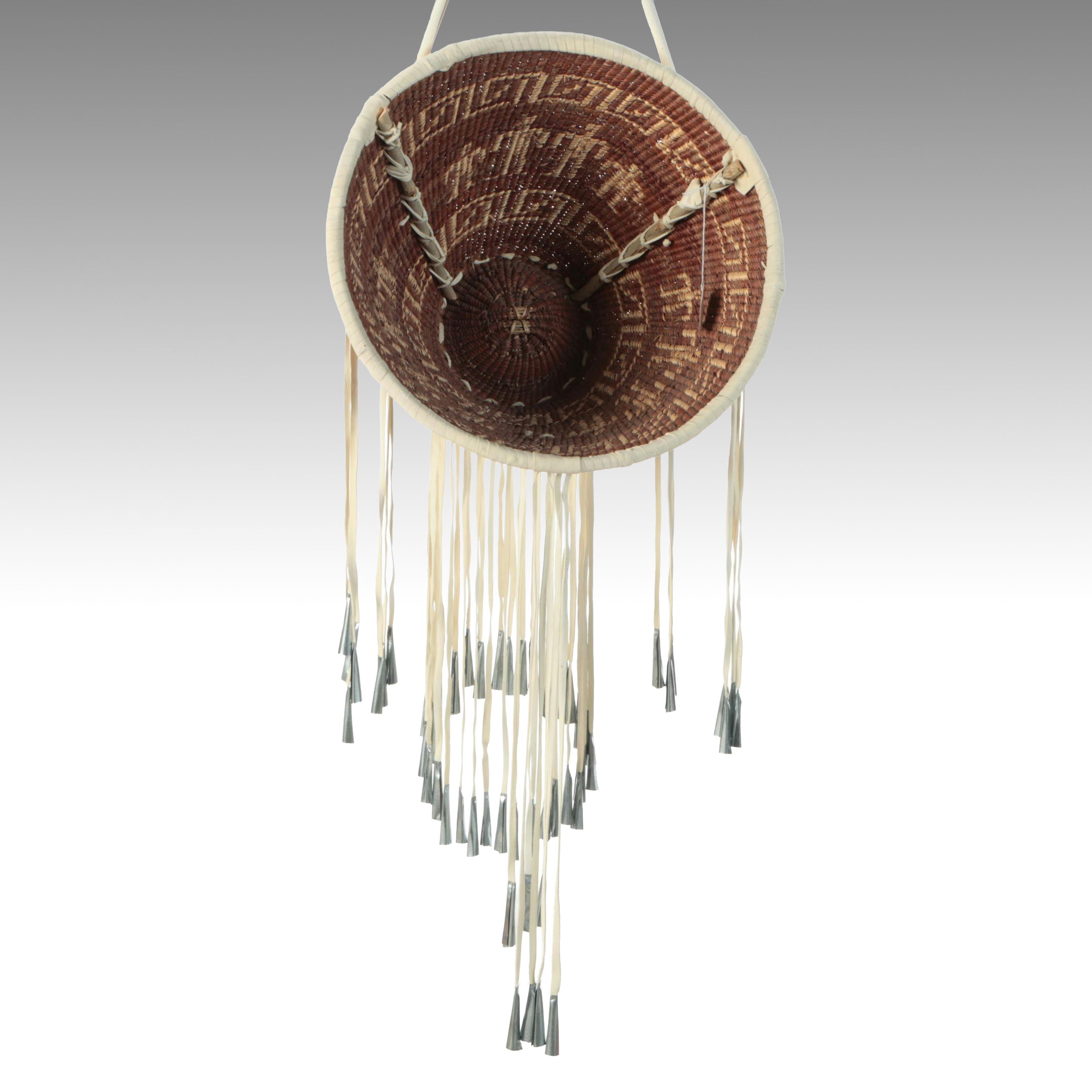Mary Jane Dudley Indé (Apache) Willow and Buckskin Burden Basket with Jingles