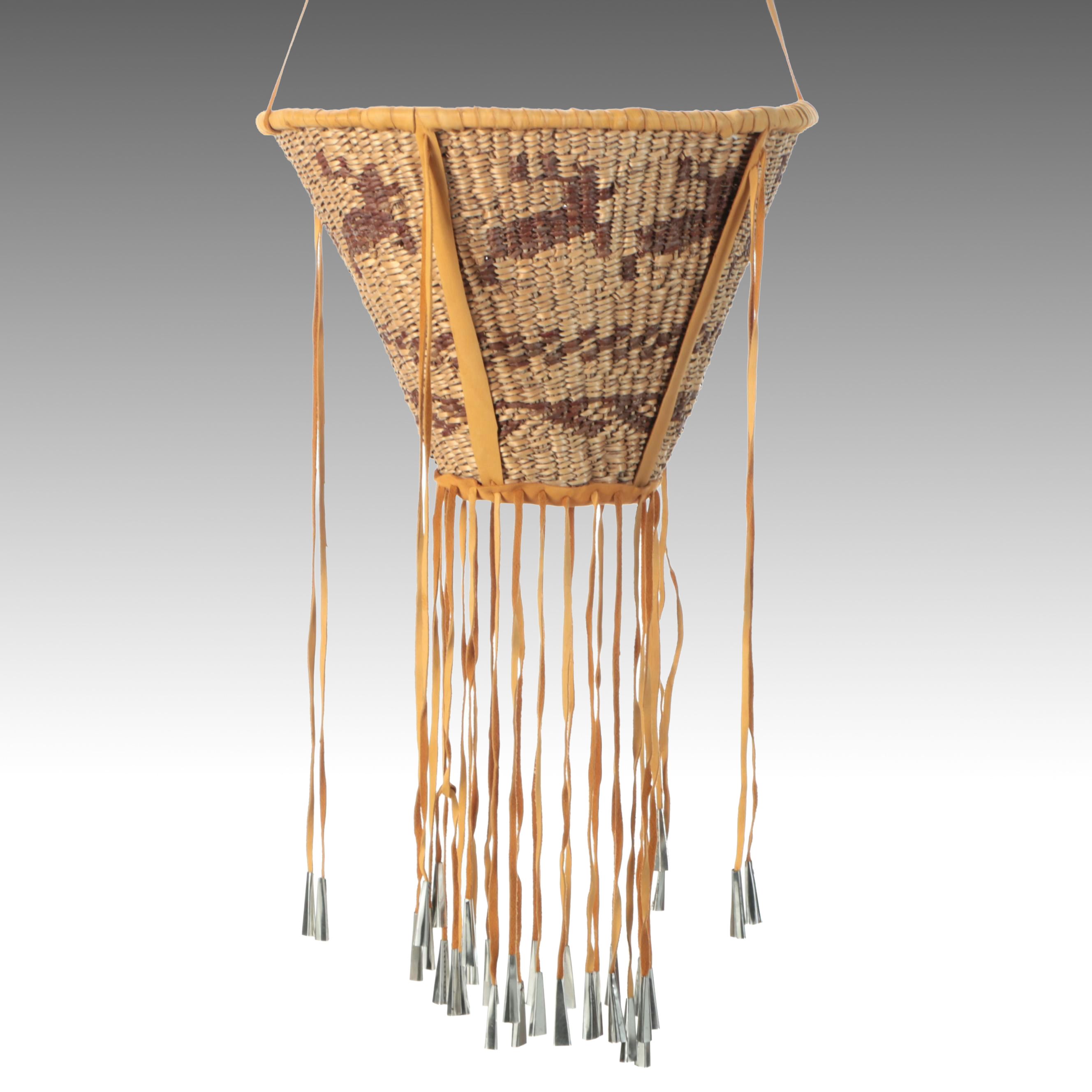 Indé (Apache) American Southwest Willow and Leather Burden Basket with Jingles