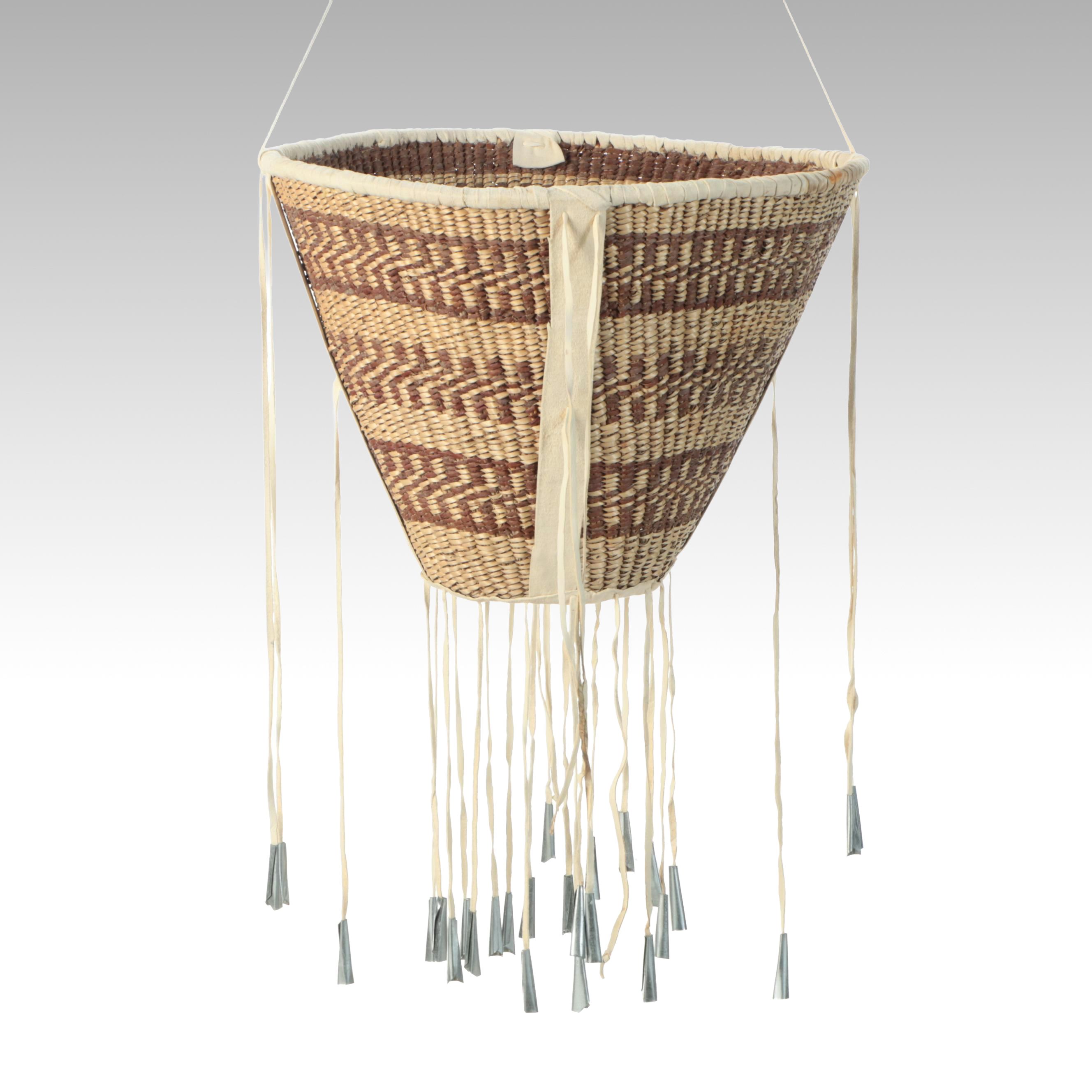 Carla Kinnen Indé (Apache) Cottonwood and Willow Burden Basket with Jingles