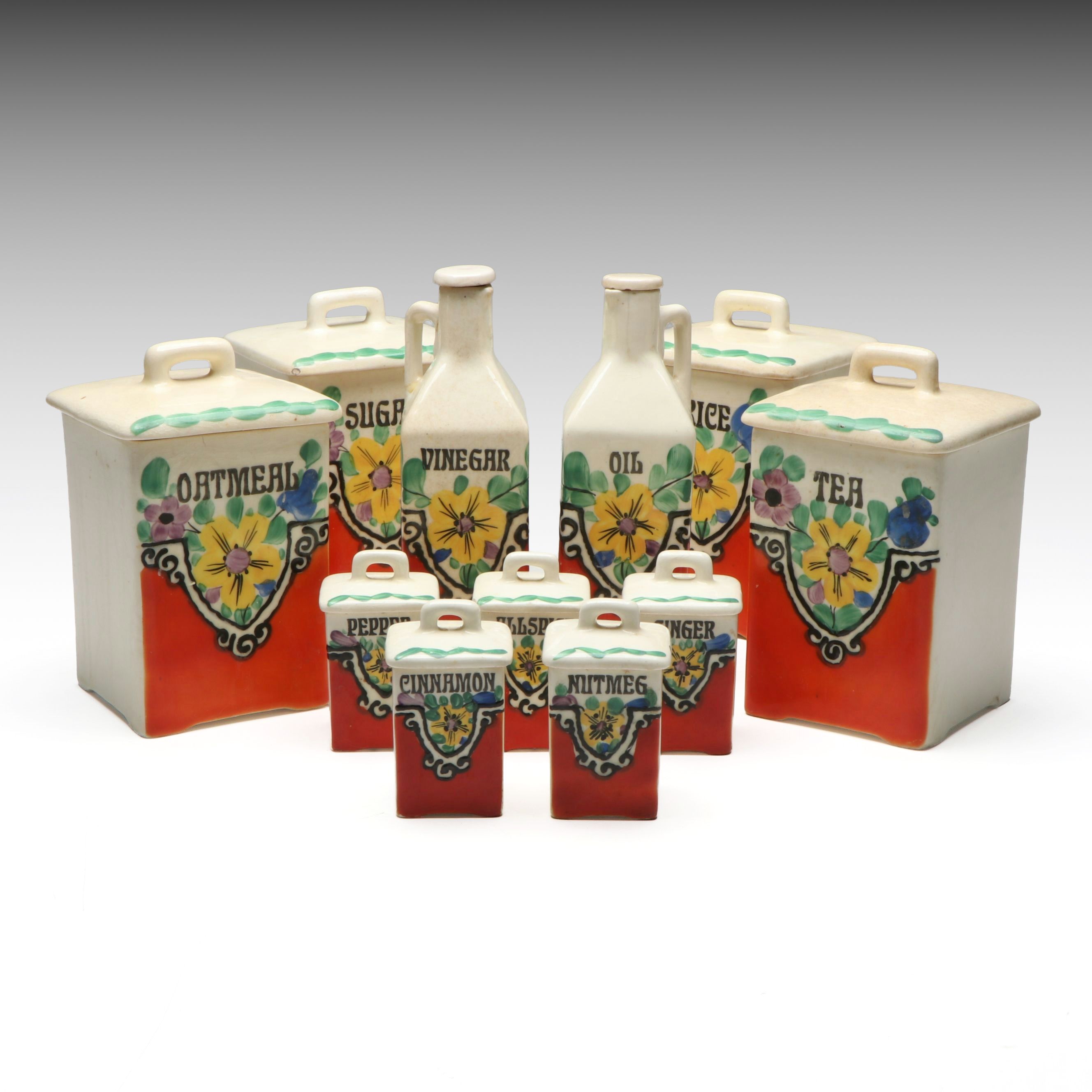 Czechoslovakian Hand-Painted Kitchen Canister Set with Oil and Vinegar Cruets