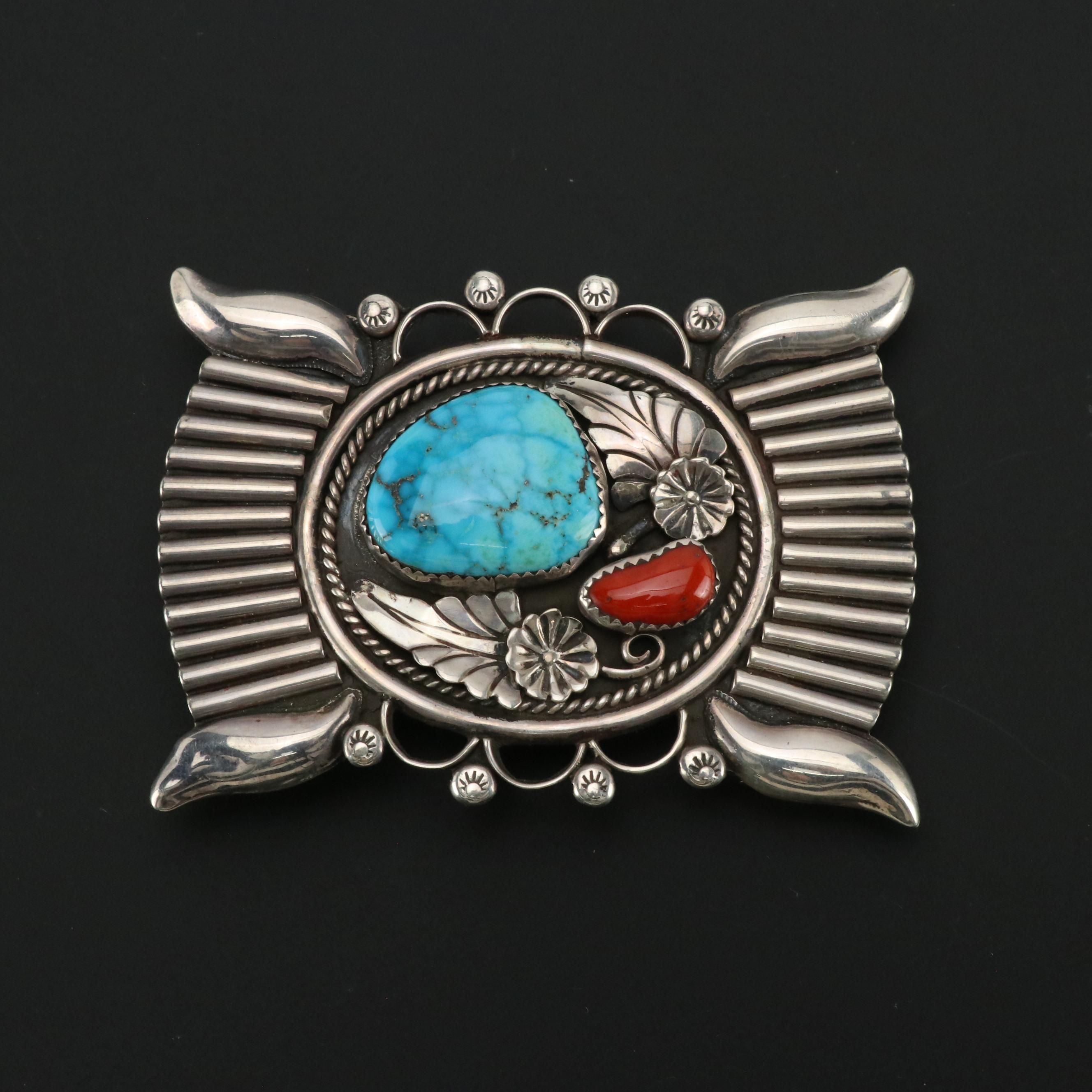 Alfred Joe, Navajo Diné Sterling Turquoise and Coral Belt Buckle