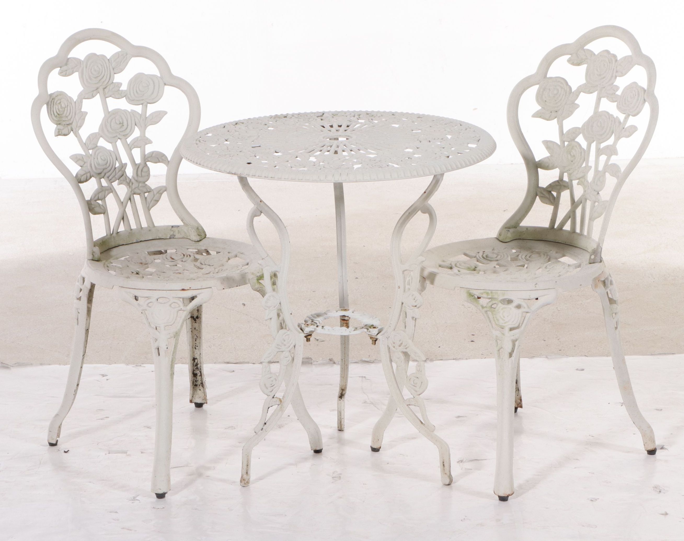 Victorian Style White-Painted Cast Metal Three-Piece Patio Bistro Dining Set