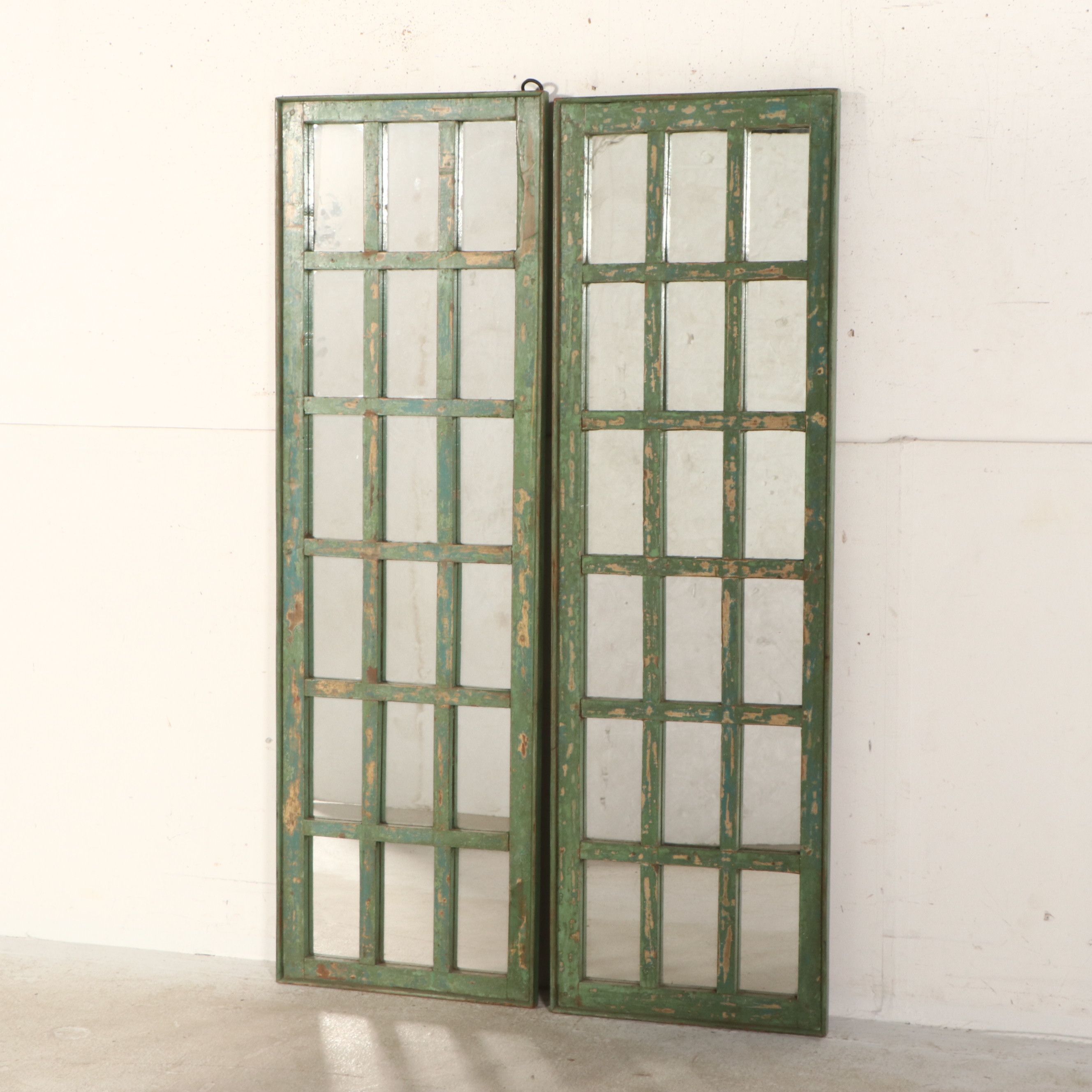 Pair of Reclaimed European Style Painted Wood Mirrored Lattice Door Panels