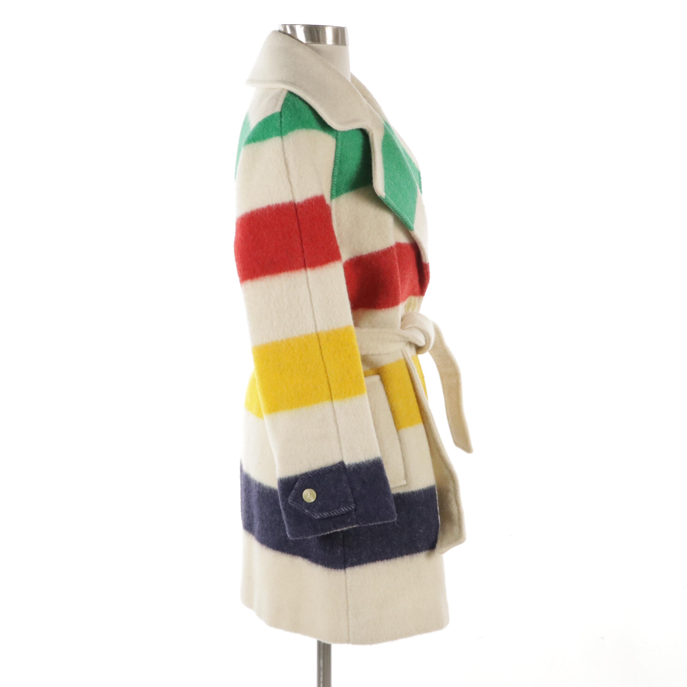Vintage Hudson Bay Multicolored Striped Wool Belted Blanket Coat