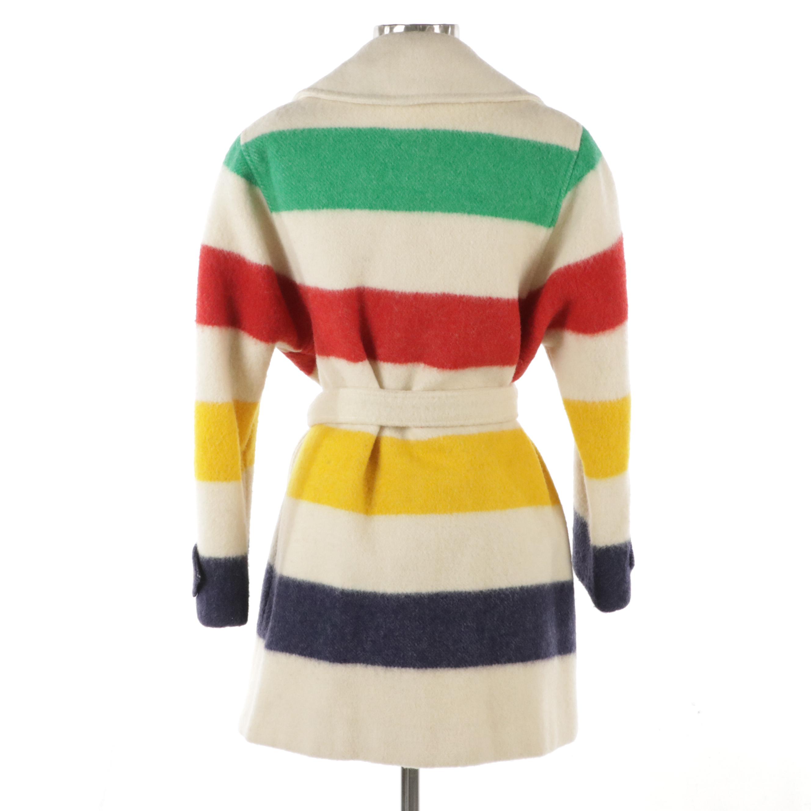 Vintage Hudson Bay Multicolored Striped Wool Belted Blanket Coat