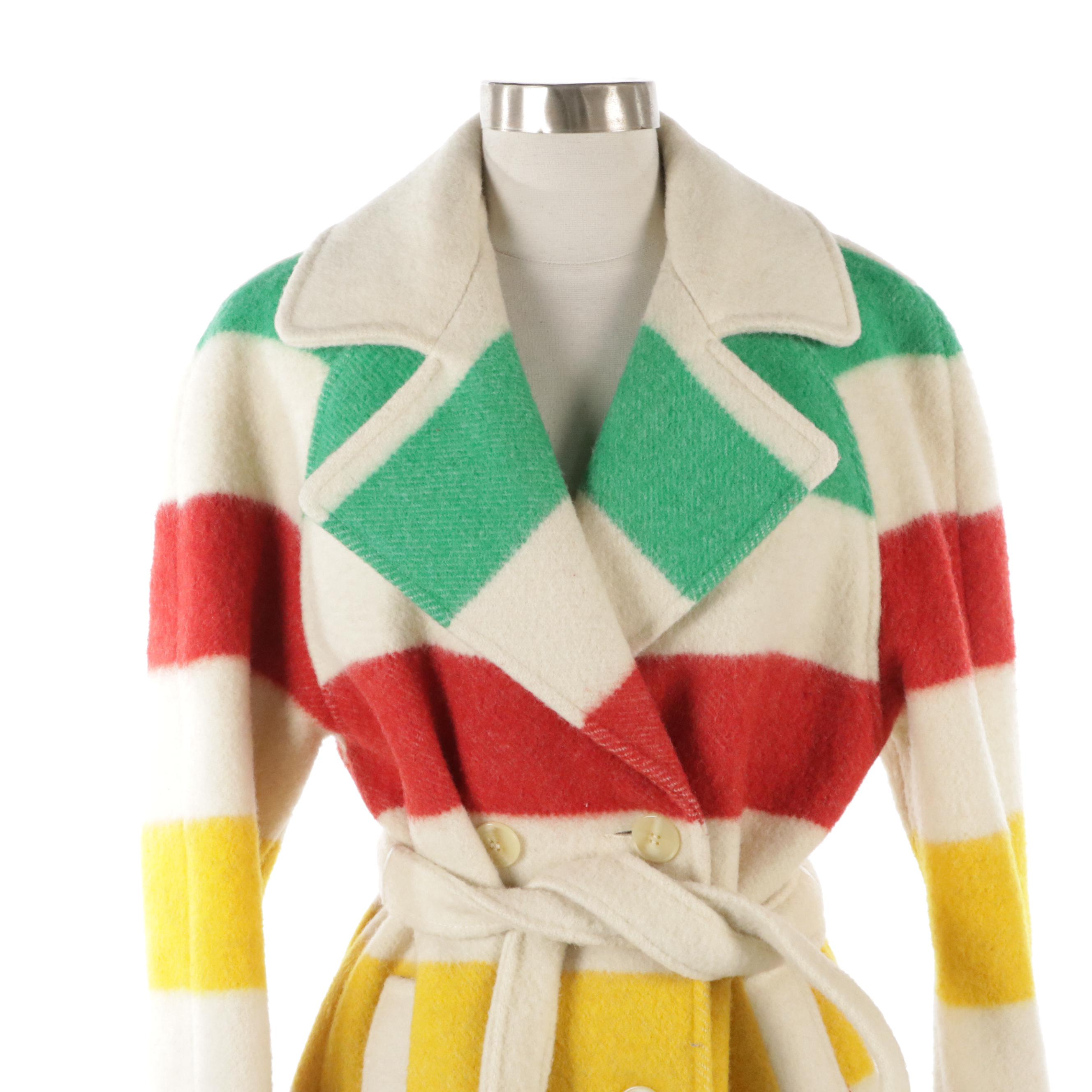 Vintage Hudson Bay Multicolored Striped Wool Belted Blanket Coat