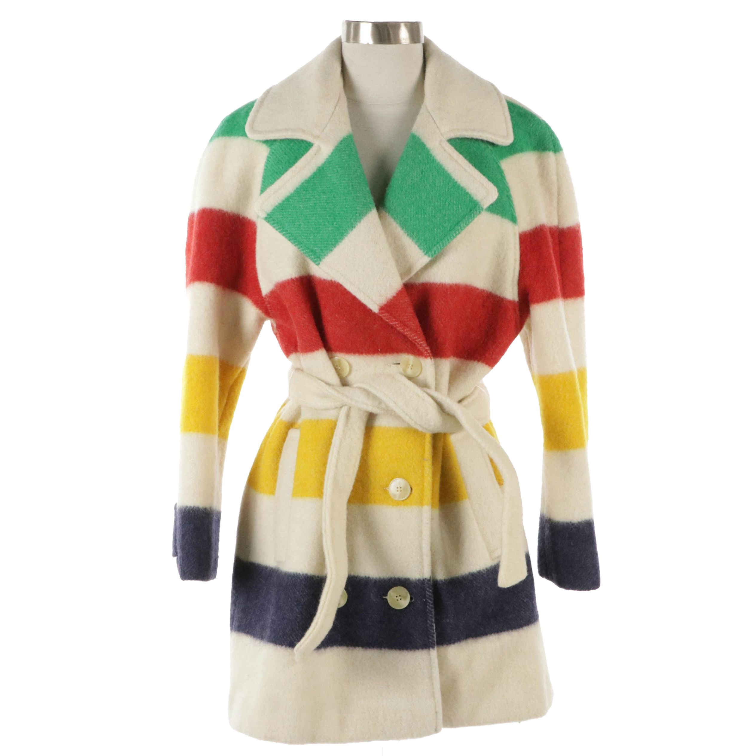Vintage Hudson Bay Multicolored Striped Wool Belted Blanket Coat