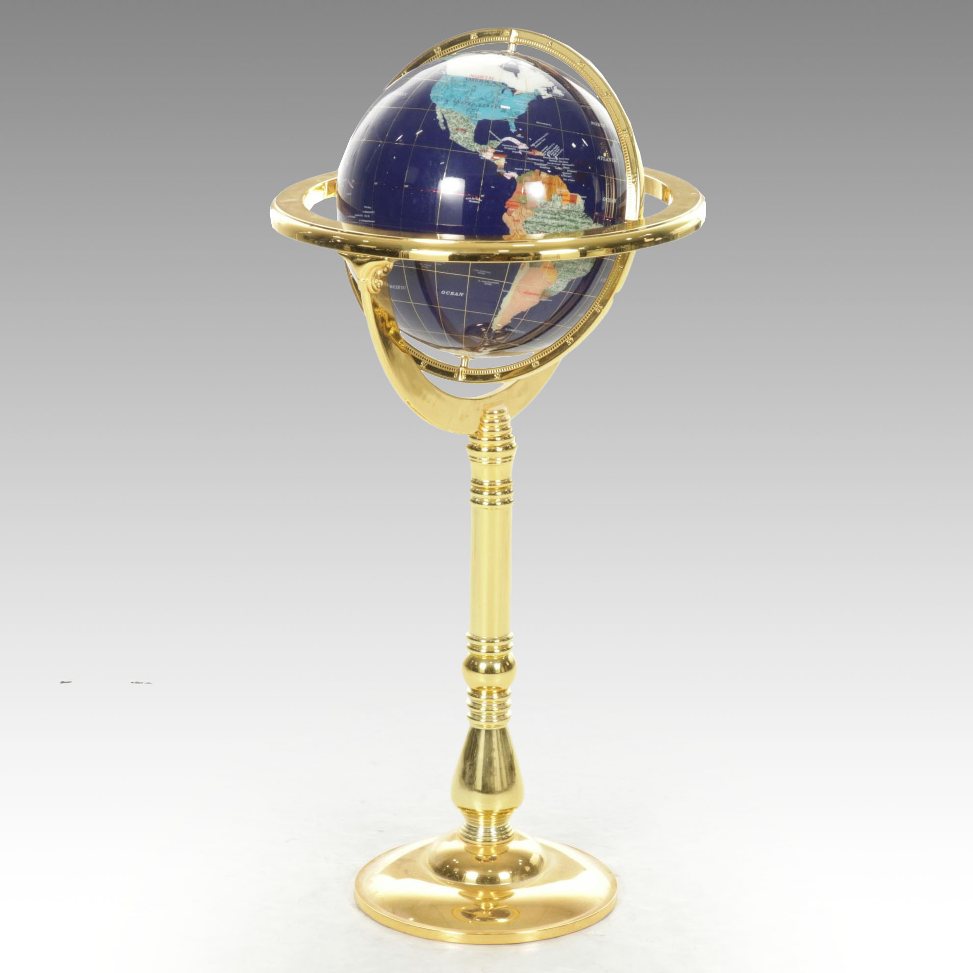Stone and Resin Inlaid Decorative Globe on Brass-Toned Floor Stand