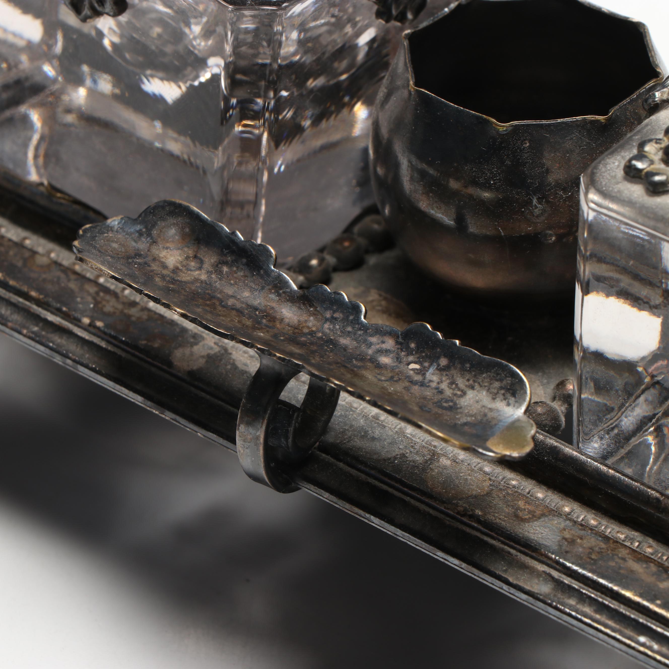 Victorian Style Silver Plate and Crystal Footed Inkwell