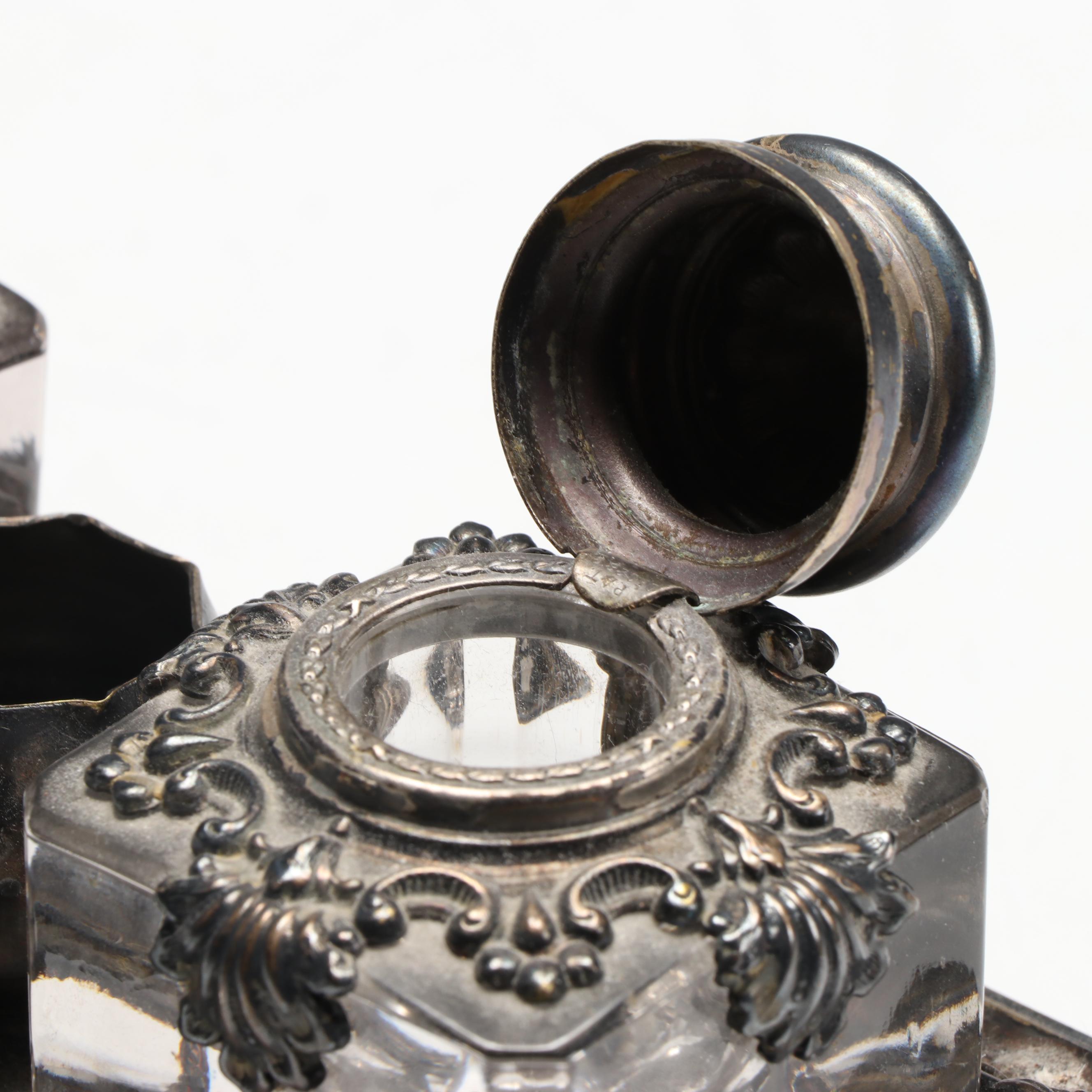 Victorian Style Silver Plate and Crystal Footed Inkwell