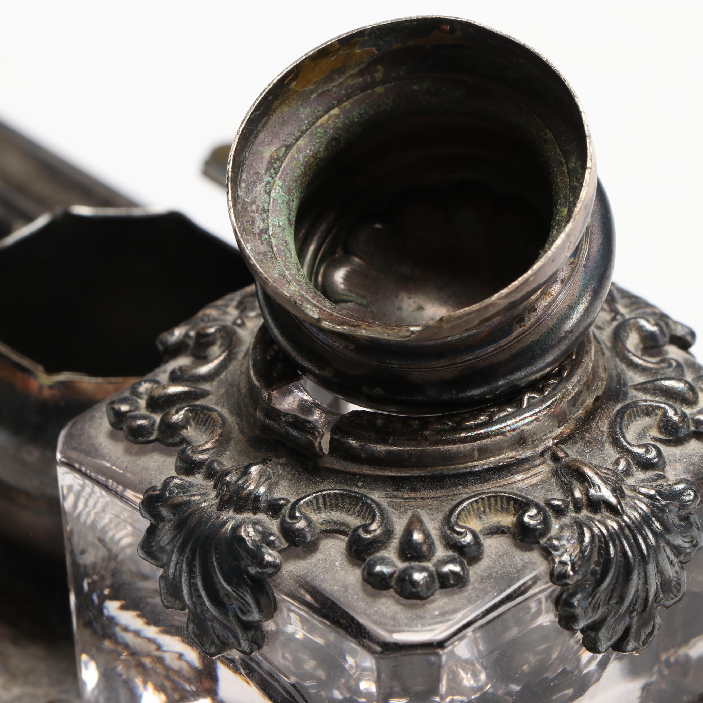 Victorian Style Silver Plate and Crystal Footed Inkwell