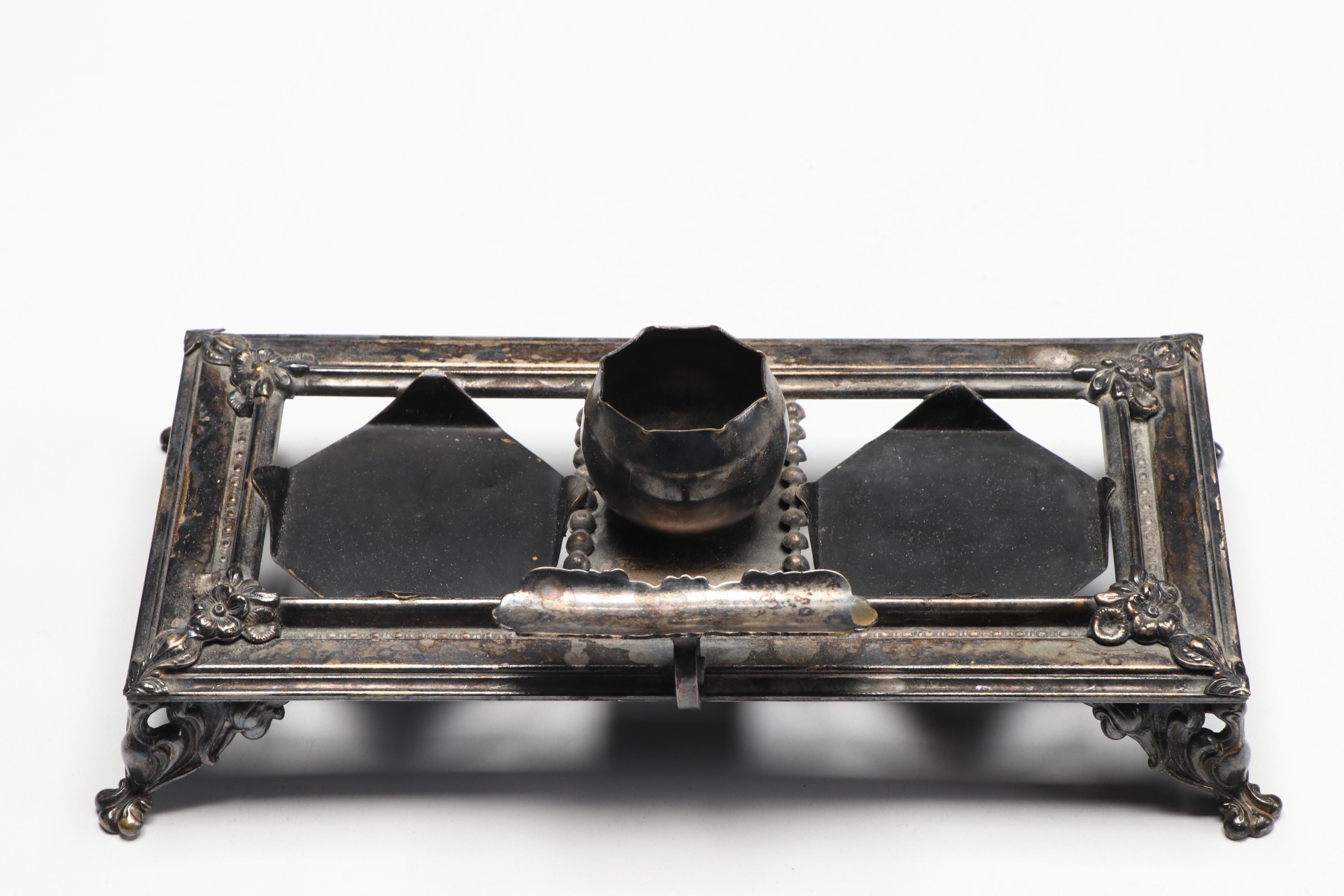 Victorian Style Silver Plate and Crystal Footed Inkwell