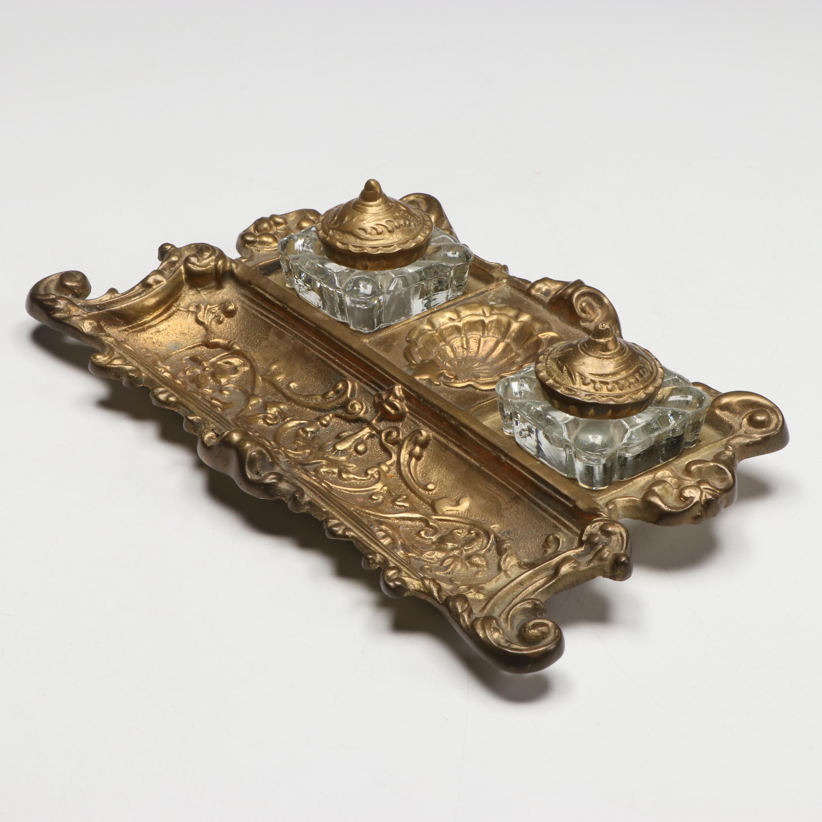 Rococo Style Brass Finish and Glass Inkwell