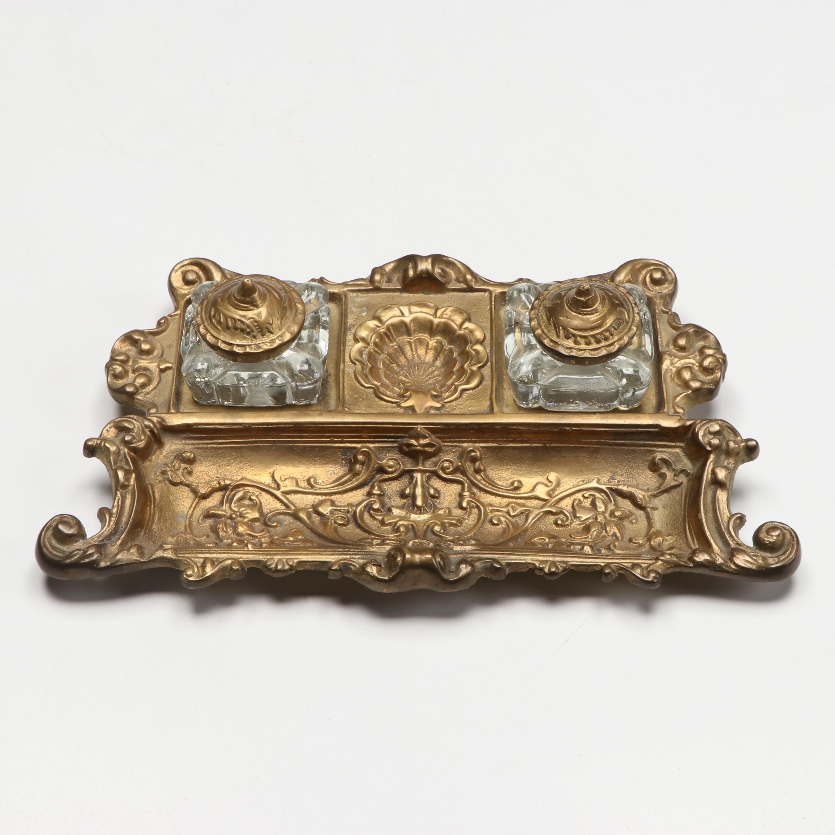 Rococo Style Brass Finish and Glass Inkwell