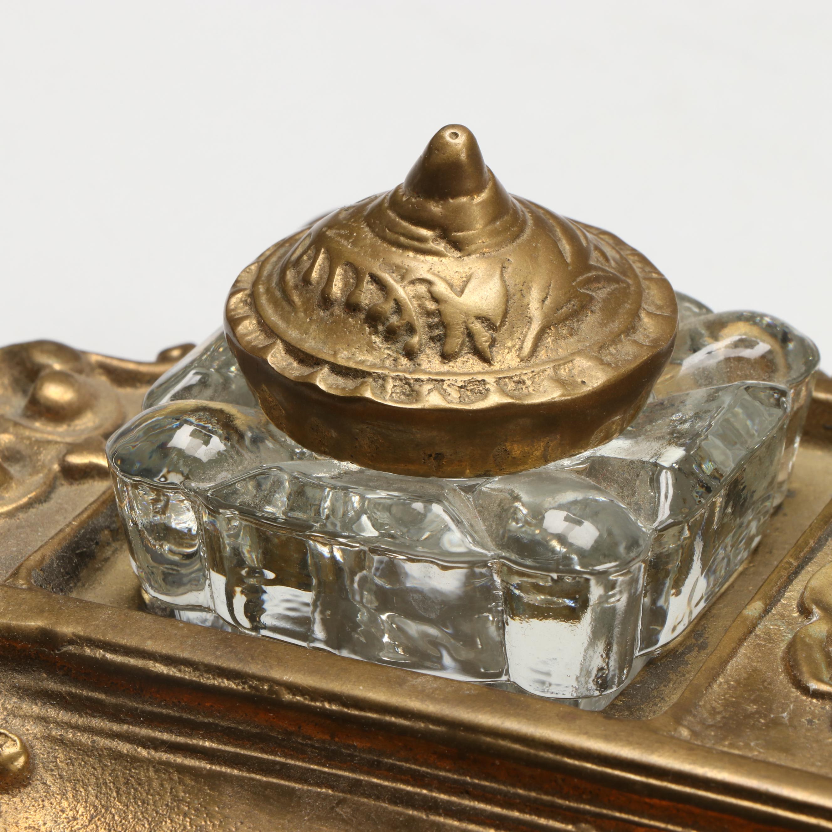Rococo Style Brass Finish and Glass Inkwell