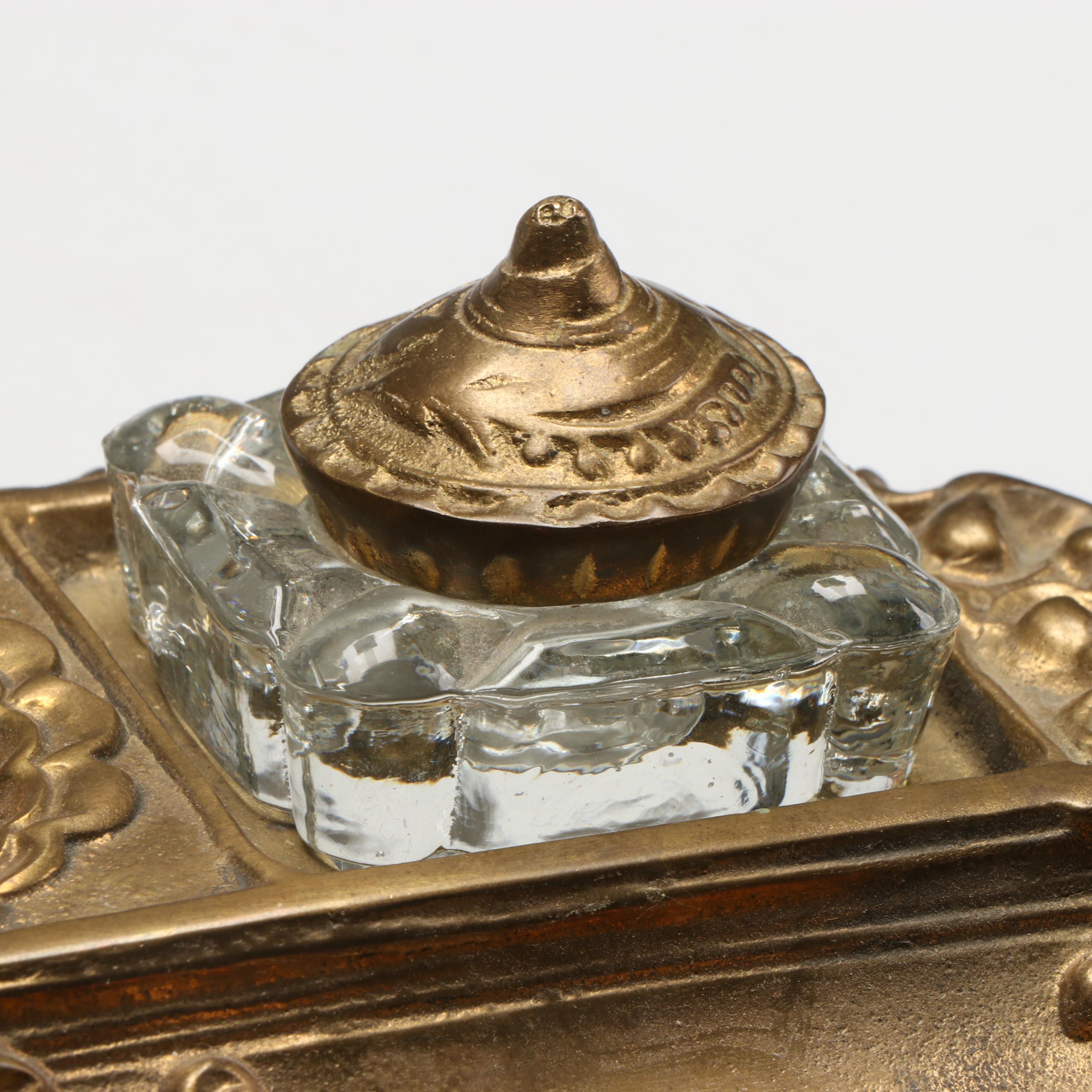 Rococo Style Brass Finish and Glass Inkwell