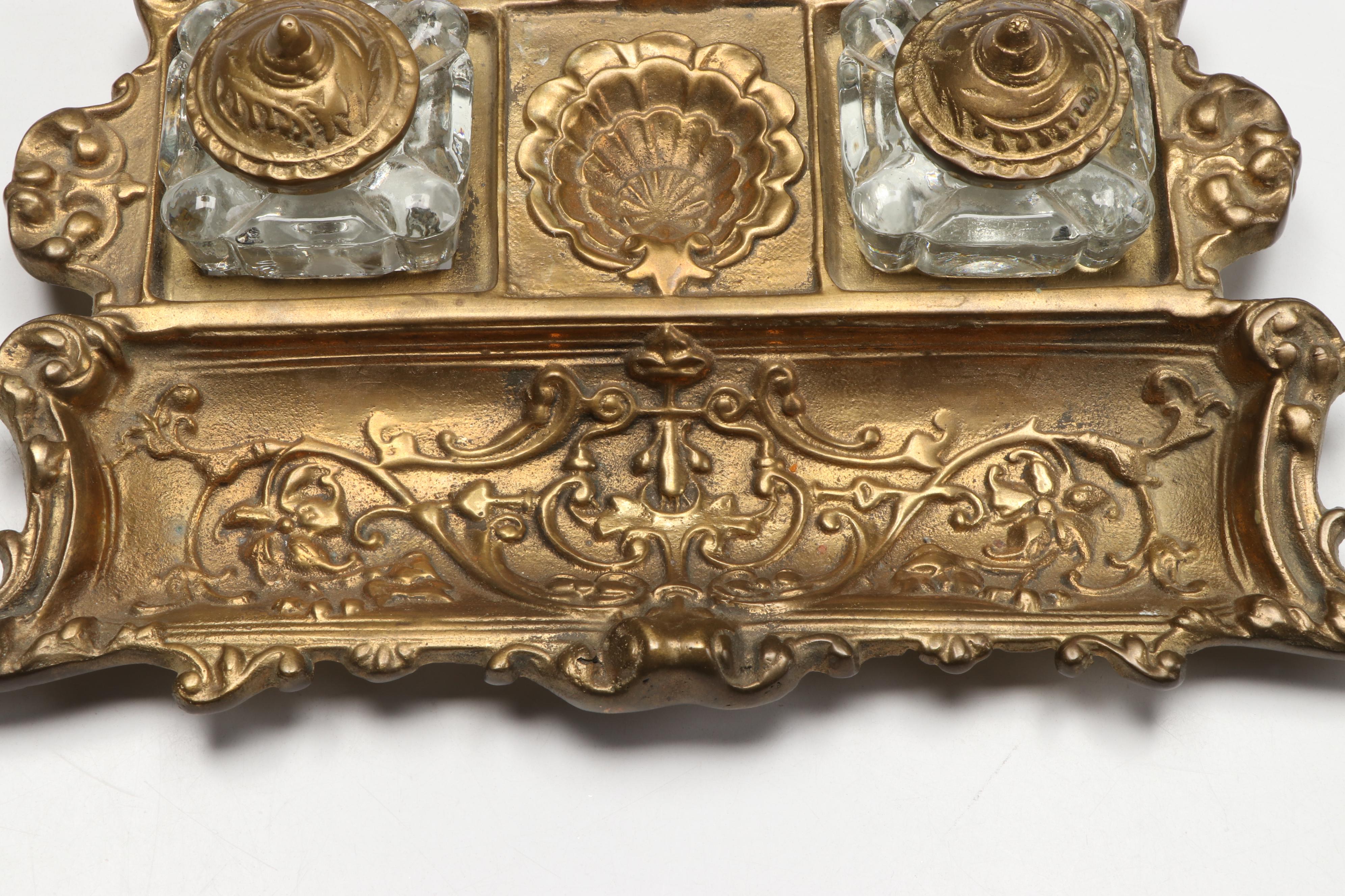 Rococo Style Brass Finish and Glass Inkwell