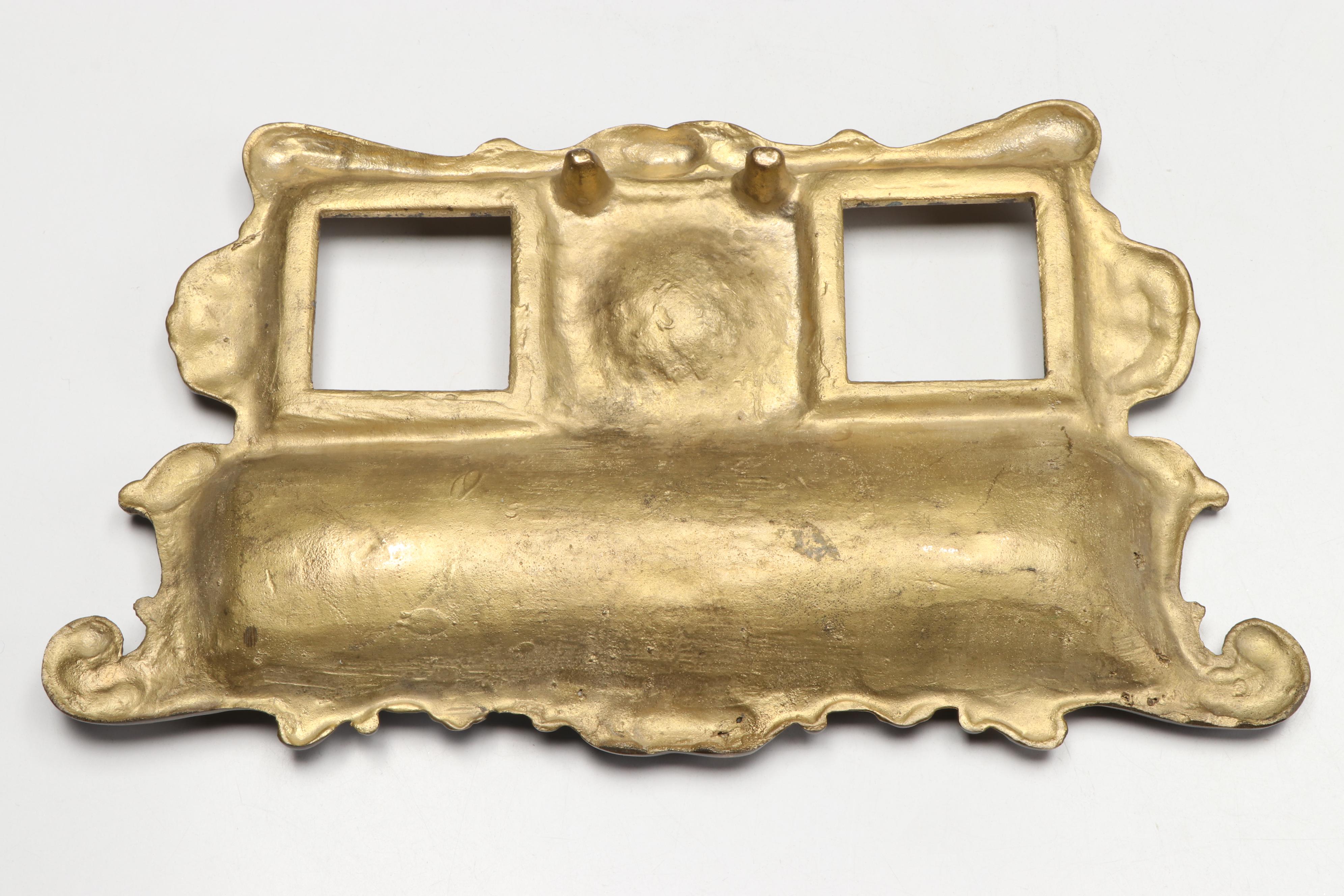 Rococo Style Brass Finish and Glass Inkwell