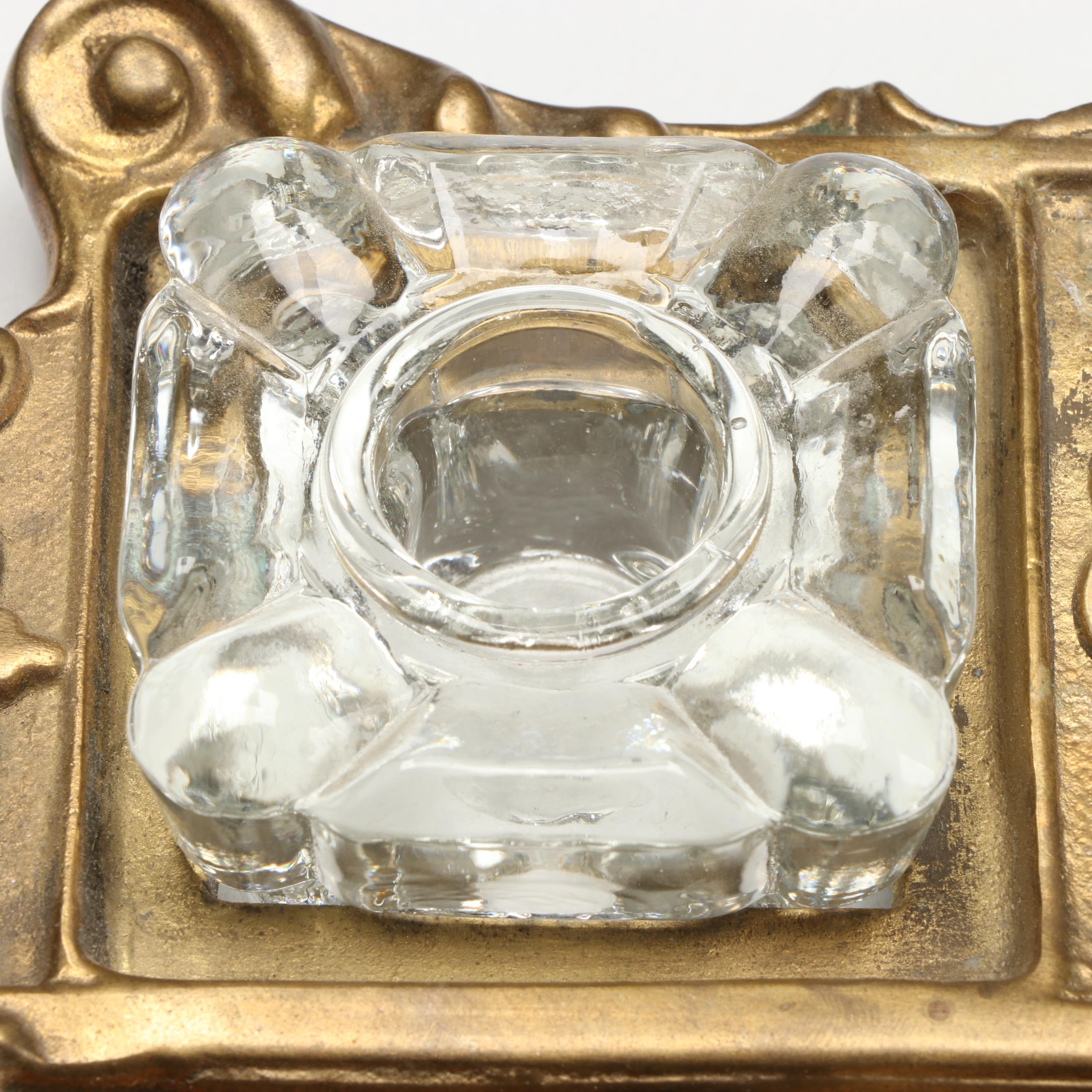 Rococo Style Brass Finish and Glass Inkwell