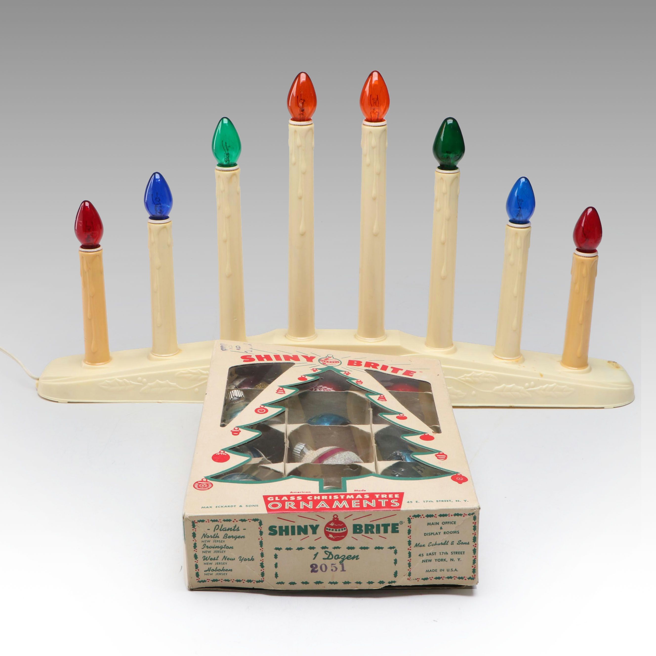 Shiny Brite Silvered Glass Ornaments with Illuminated Window Candelabra