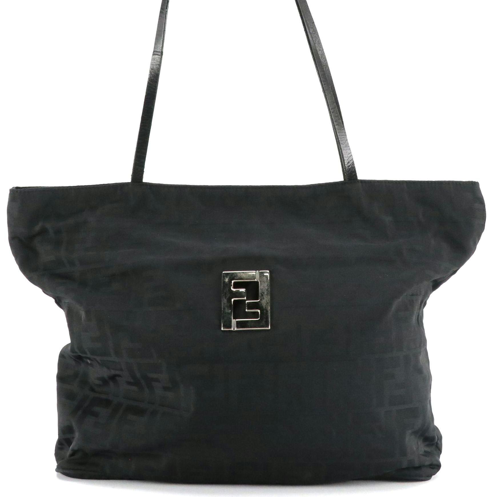 Fendi Tote in Black Zucchino Jacquard Canvas and Leather
