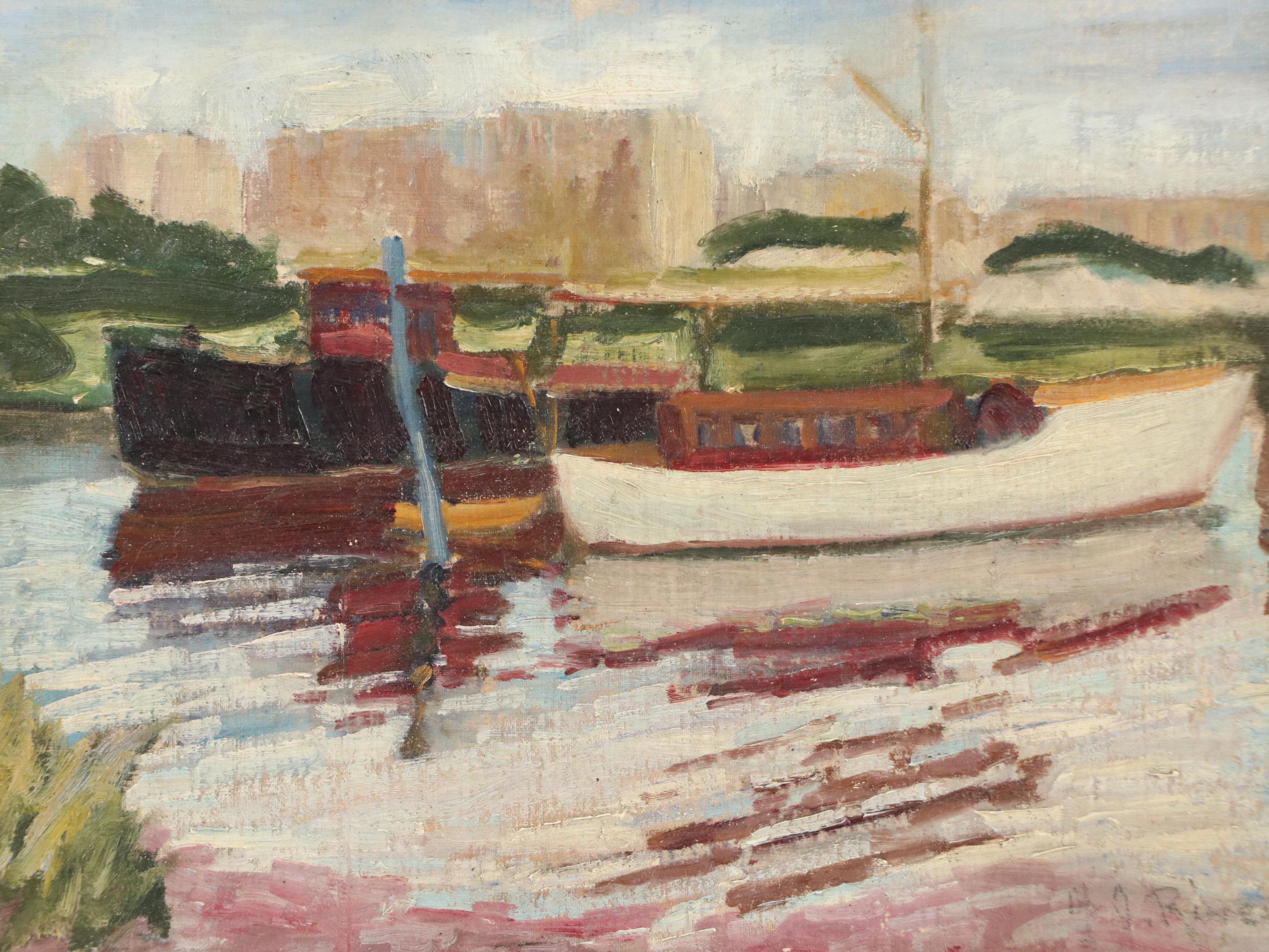 Port Scene Oil Painting, Mid-20th Century
