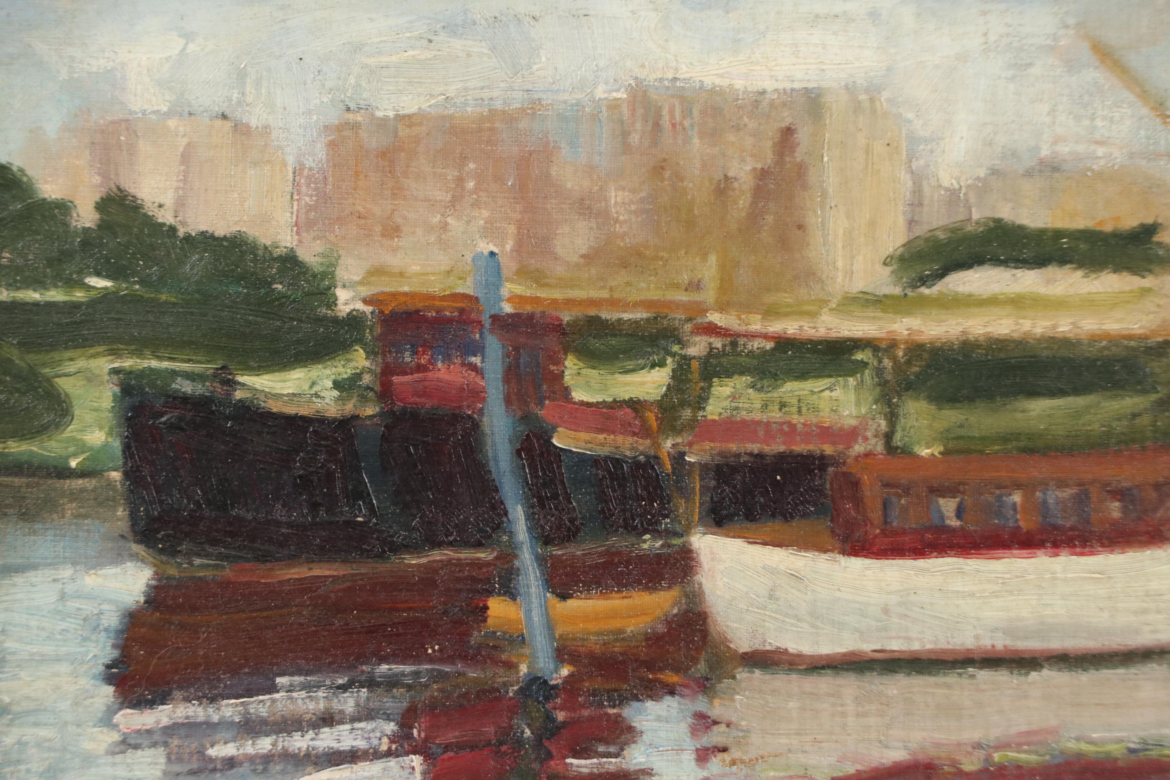 Port Scene Oil Painting, Mid-20th Century