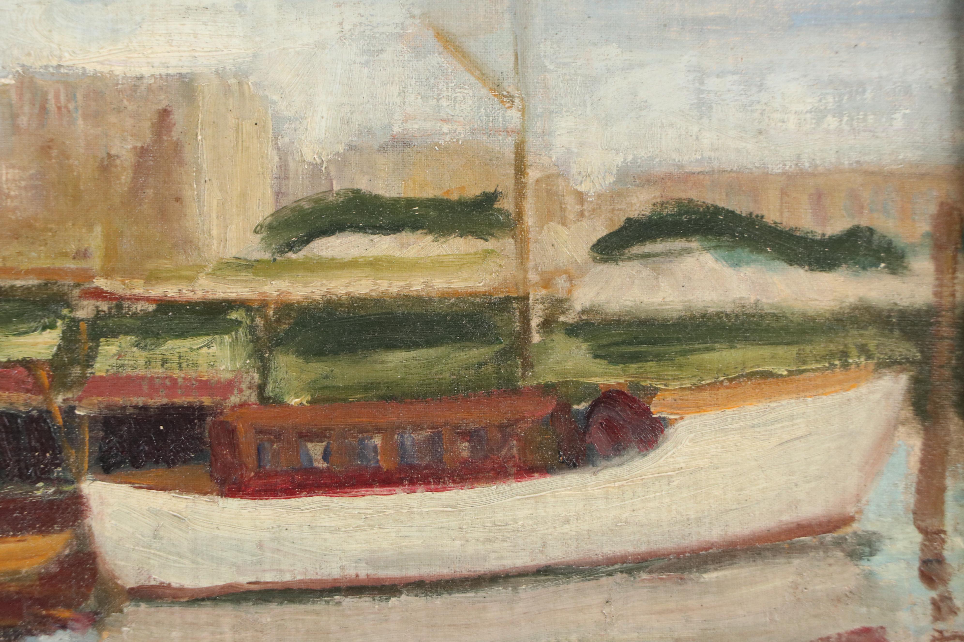 Port Scene Oil Painting, Mid-20th Century