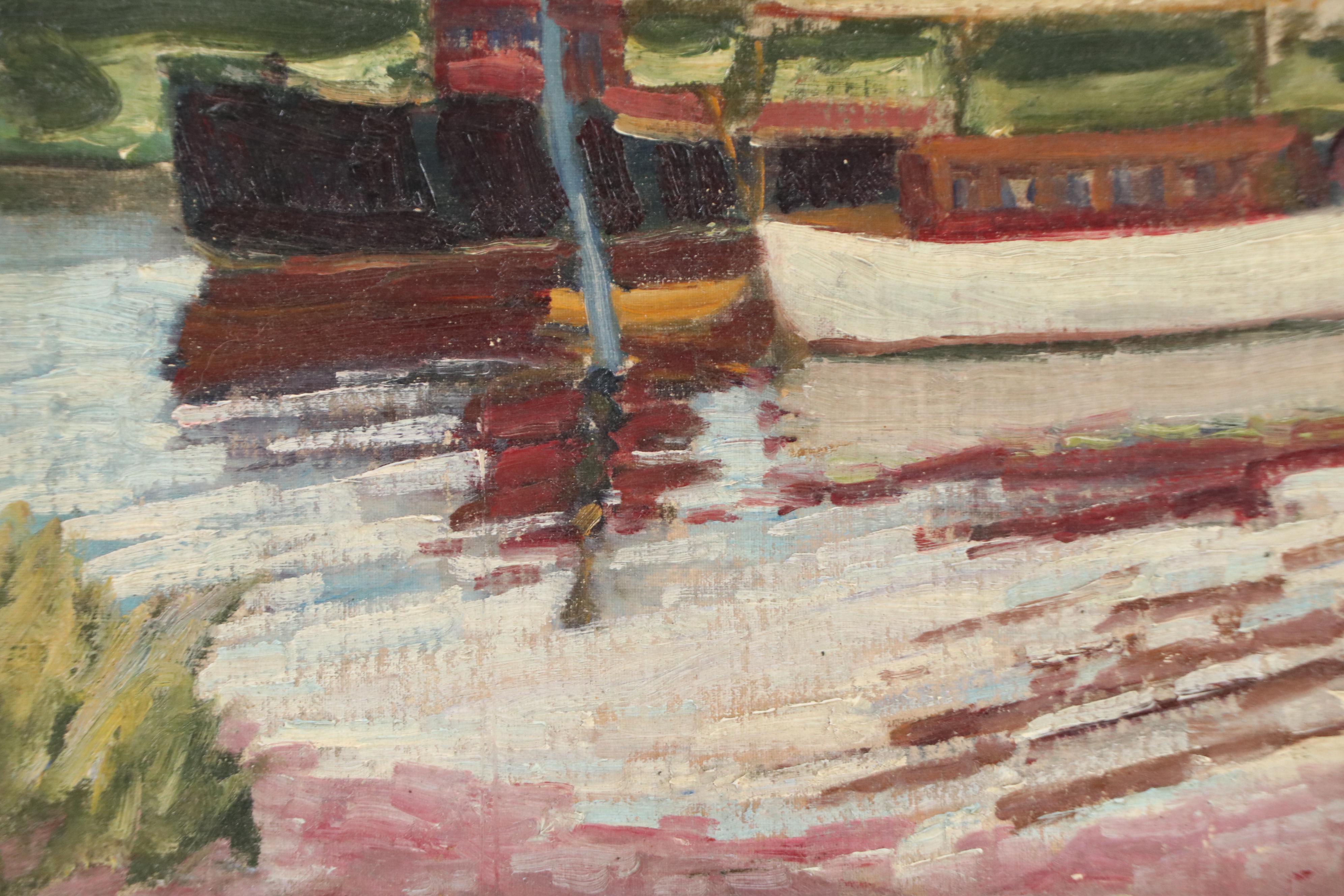 Port Scene Oil Painting, Mid-20th Century