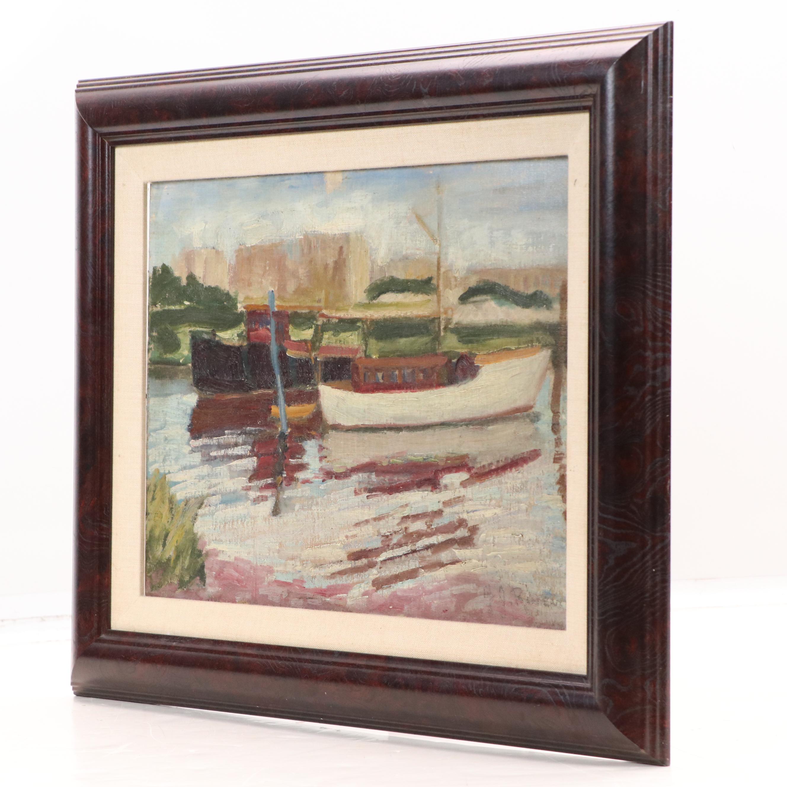 Port Scene Oil Painting, Mid-20th Century