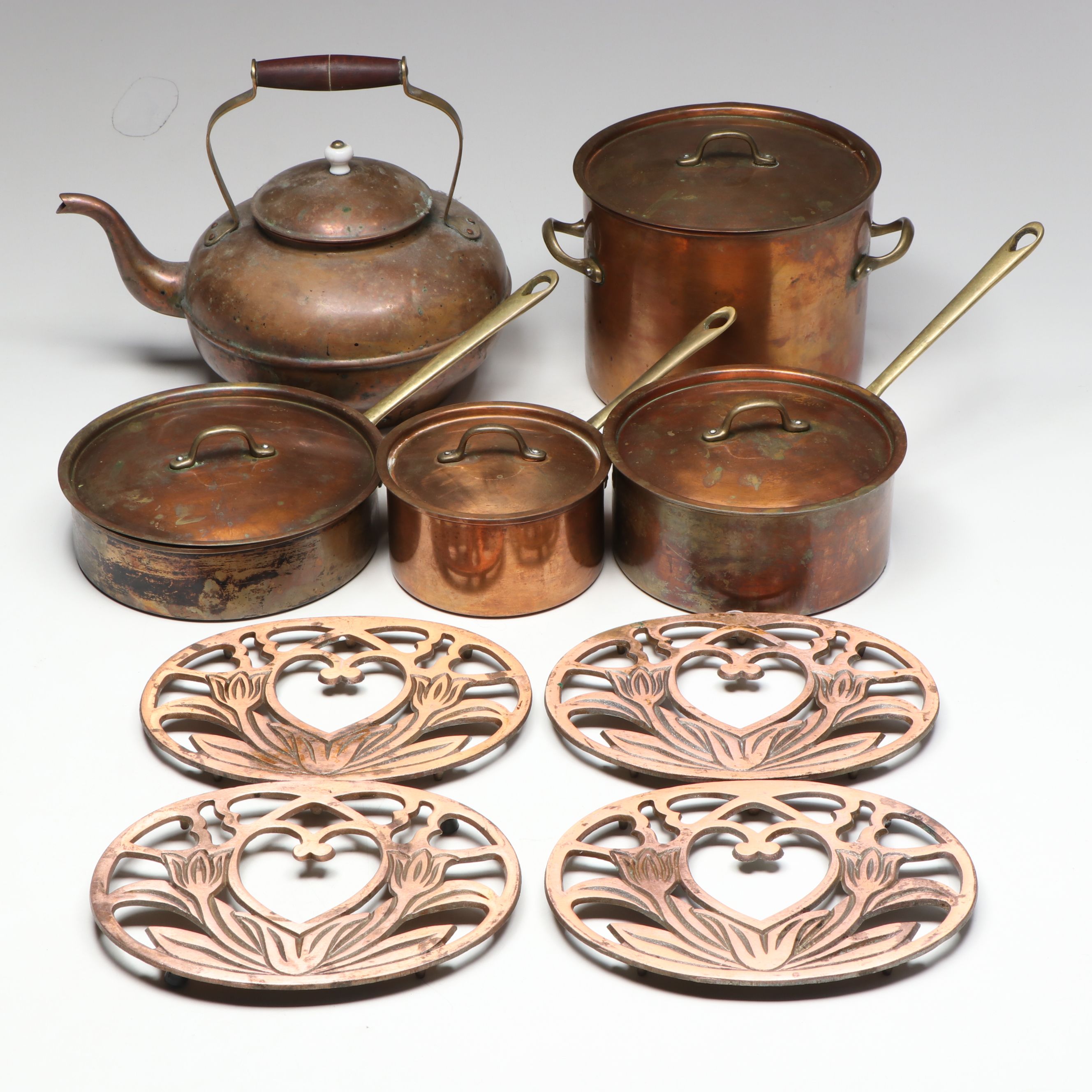 Copper Saucepans, Kettle and Copper on Iron Trivets