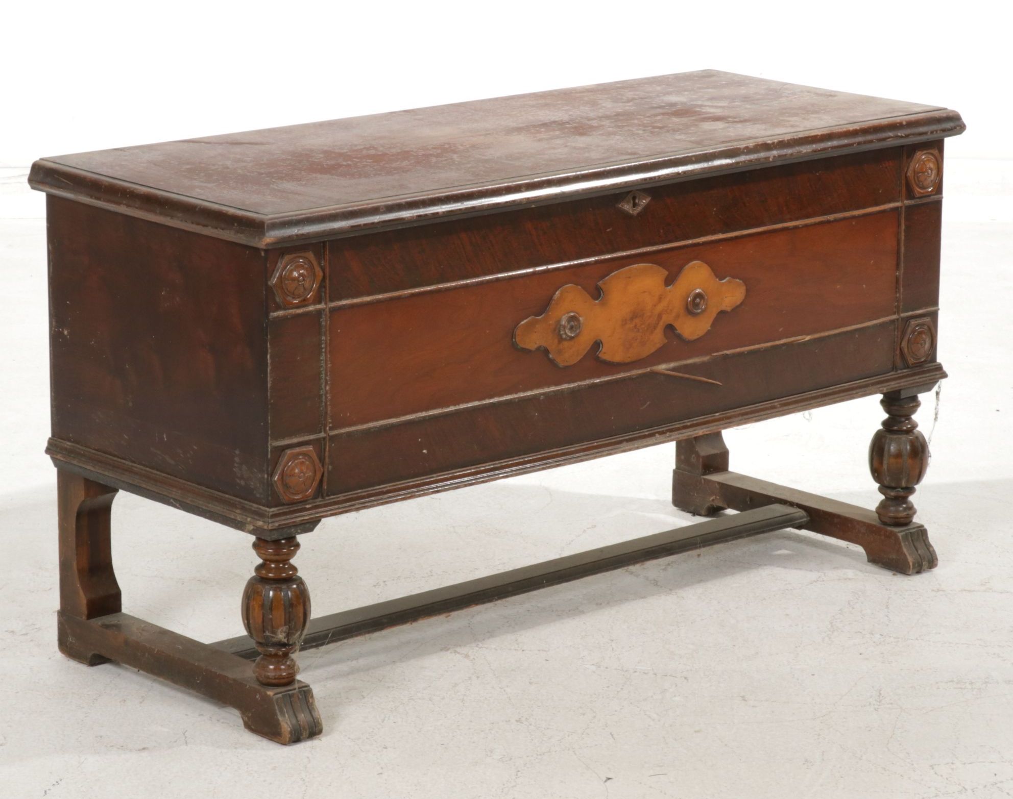 Ed Roos "Forest Park" Jacobean Style Mahogany Blanket Chest, Mid-20th Century