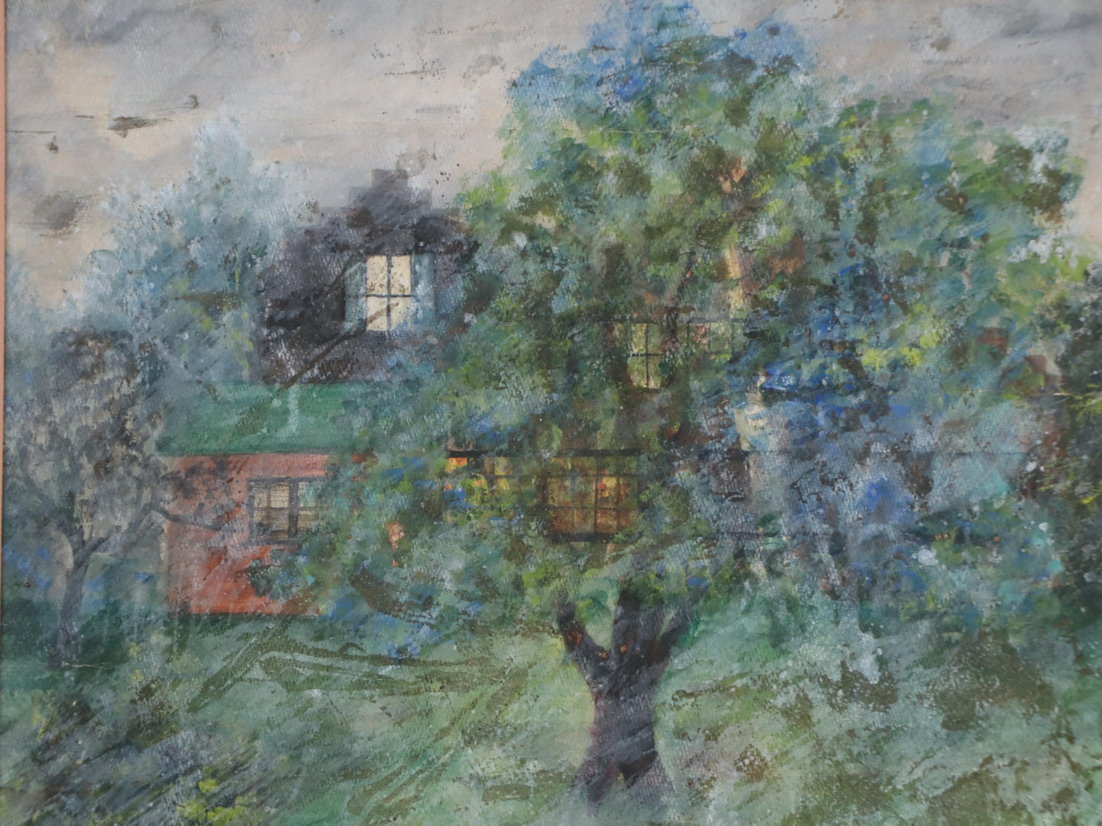 American School Landscape Watercolor Painting of House with Tree, 20th Century