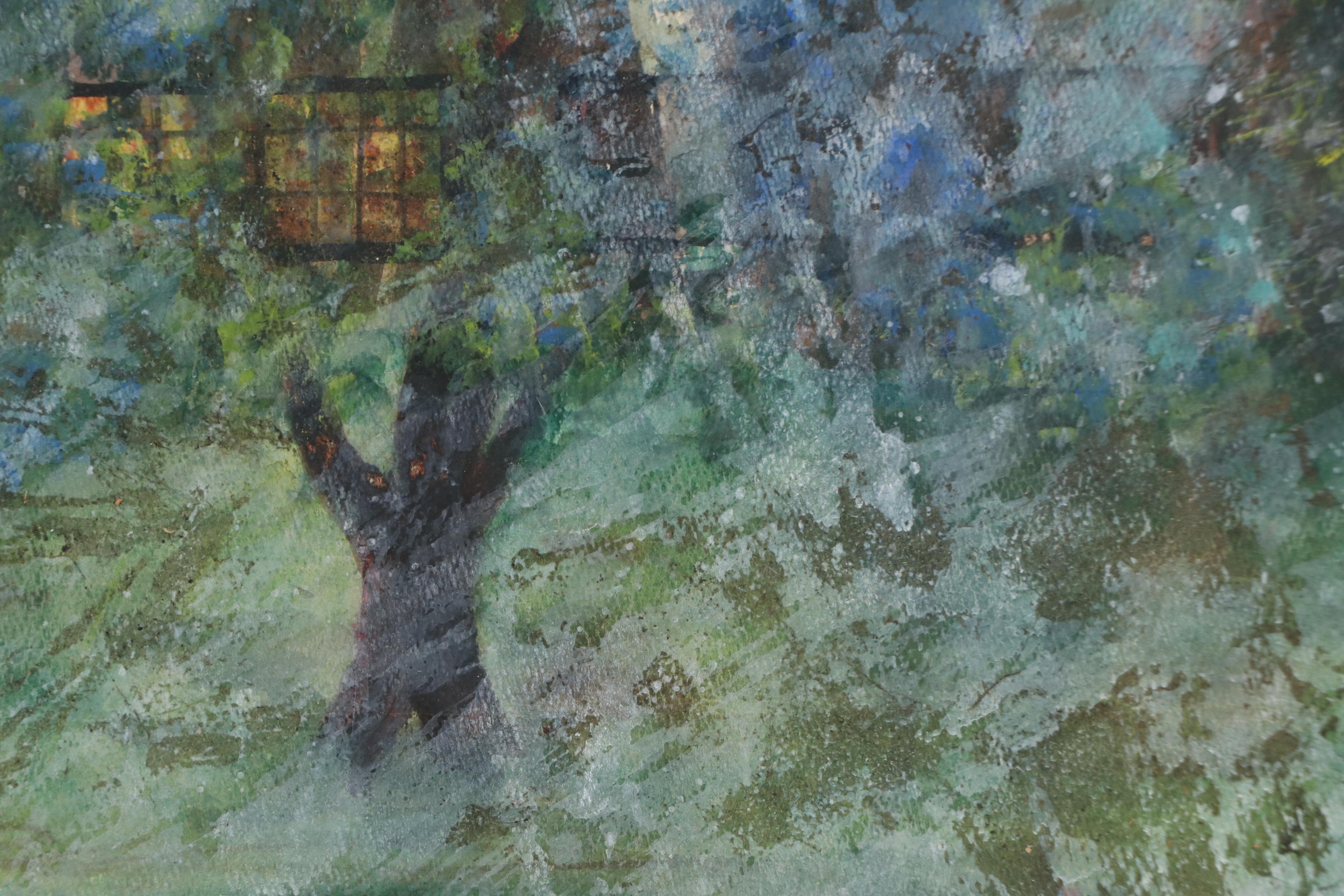 American School Landscape Watercolor Painting of House with Tree, 20th Century