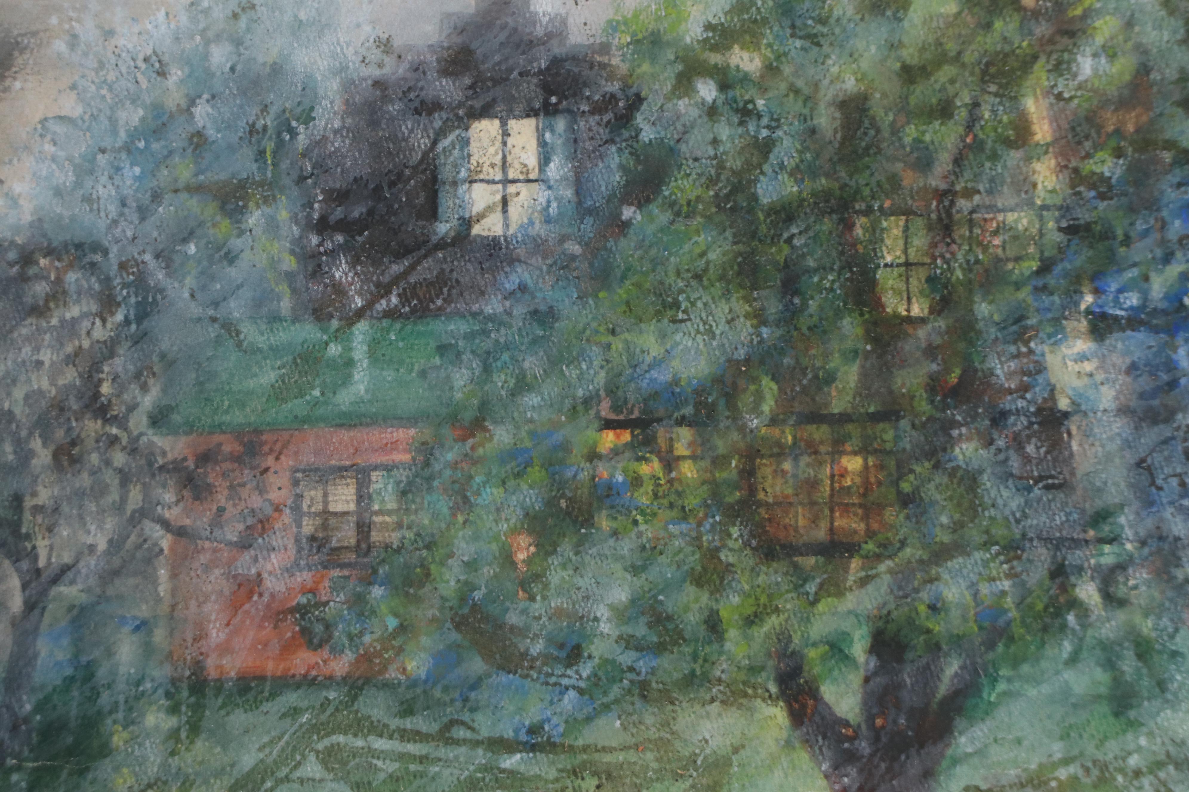 American School Landscape Watercolor Painting of House with Tree, 20th Century