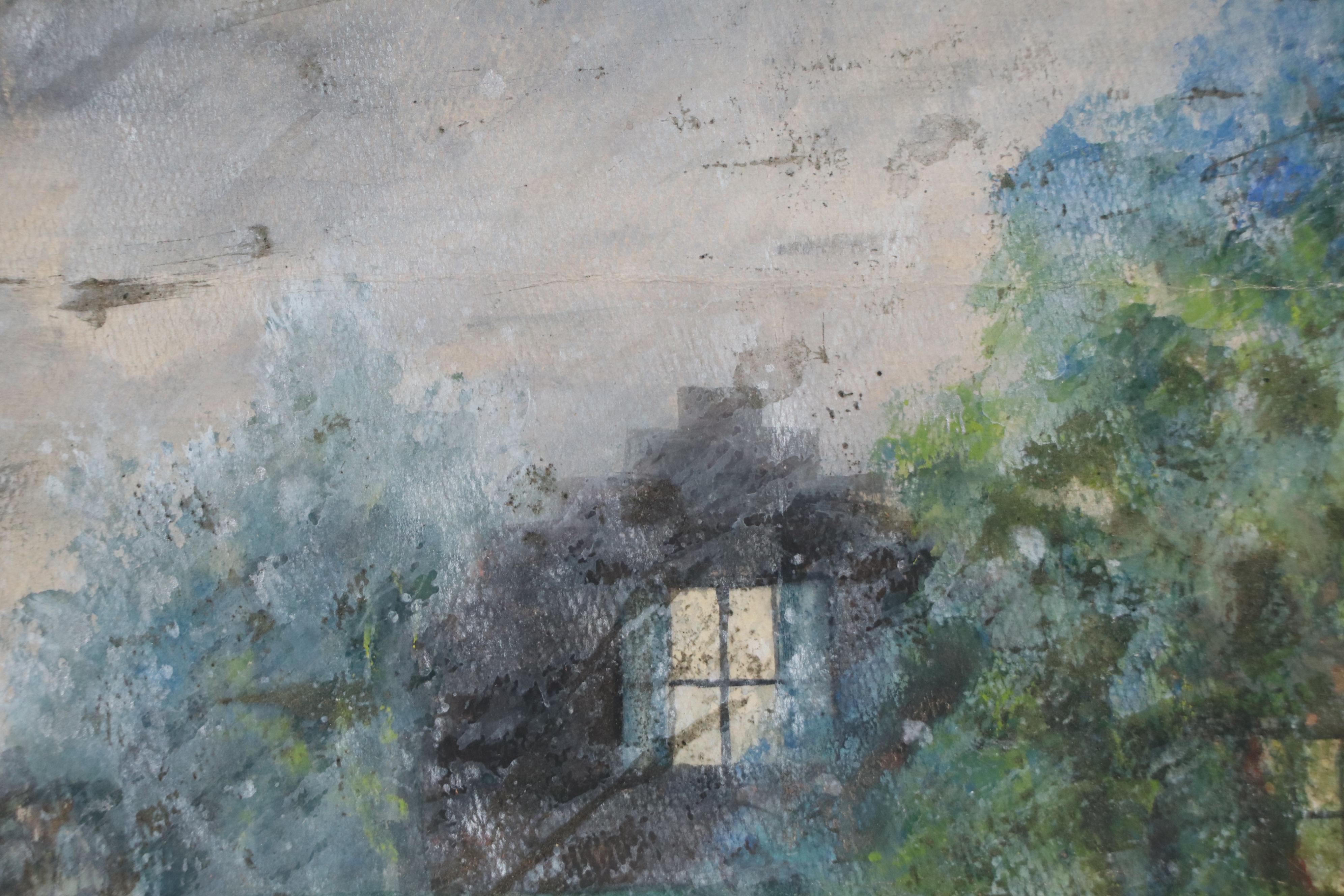 American School Landscape Watercolor Painting of House with Tree, 20th Century