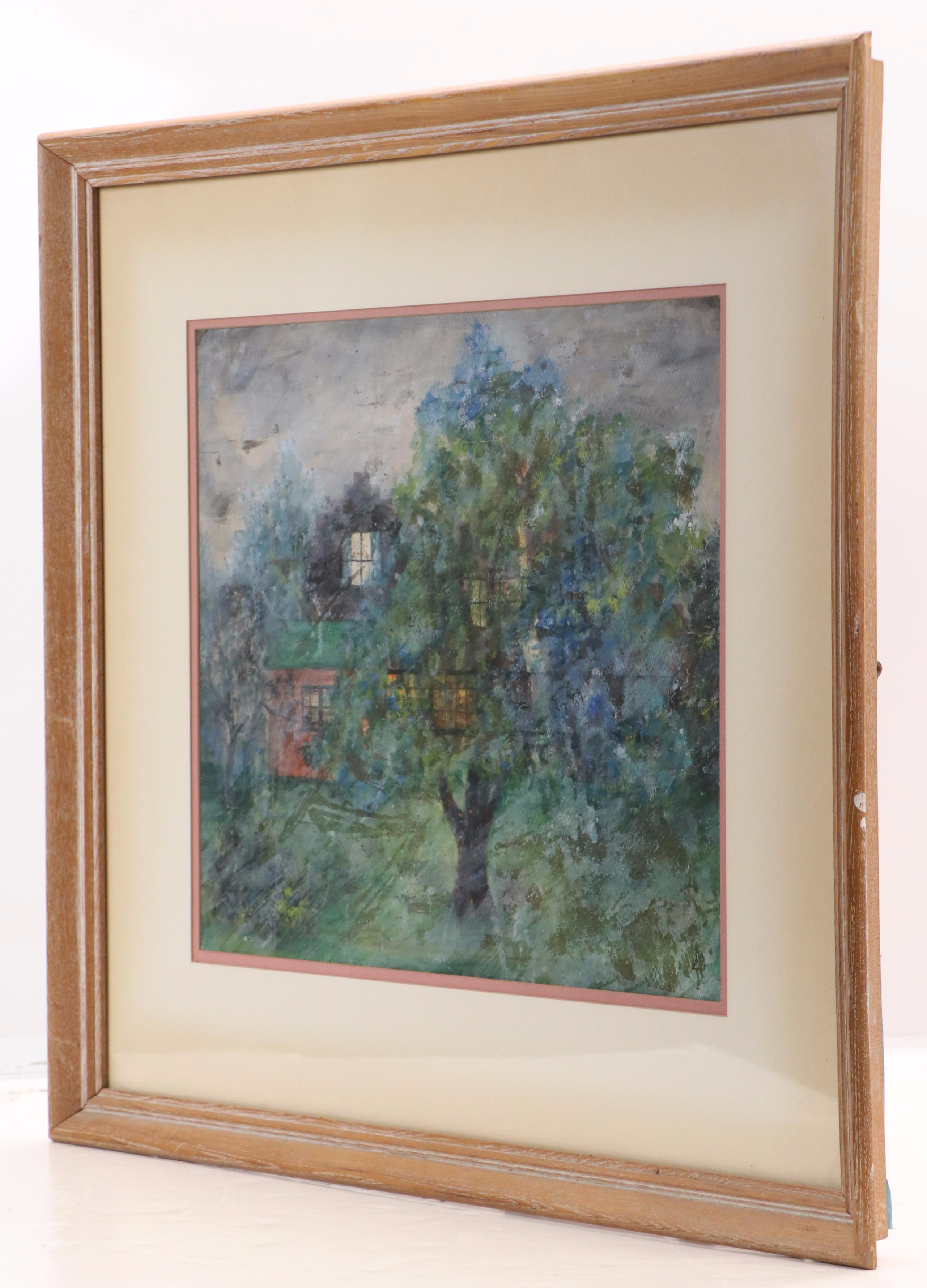 American School Landscape Watercolor Painting of House with Tree, 20th Century