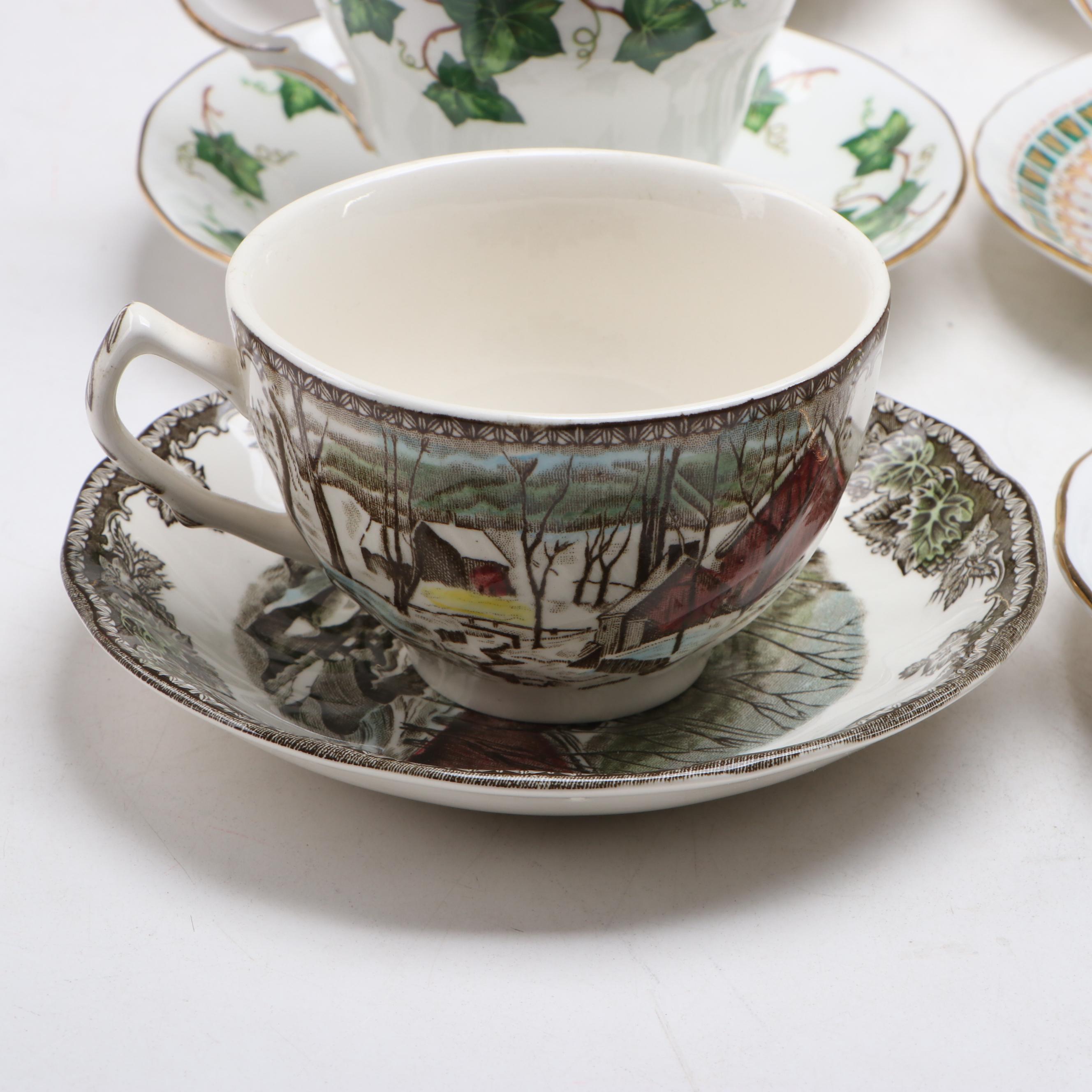 Johnson Bros. "The Friendly Village" and Other Assorted Tea Cups and Saucers
