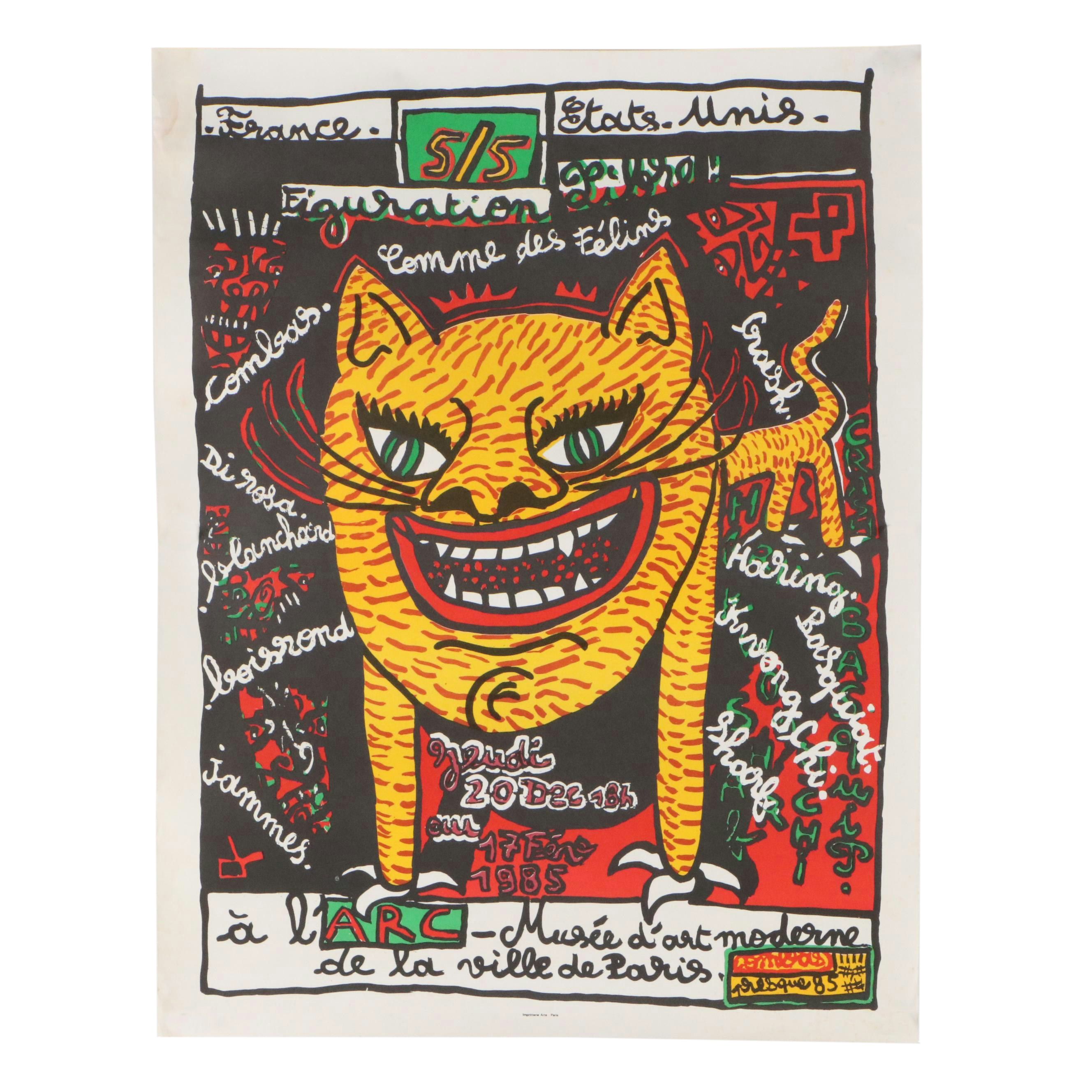 Color Lithograph Exhibition Poster After Robert Combas "Comme Des Félins," 1985