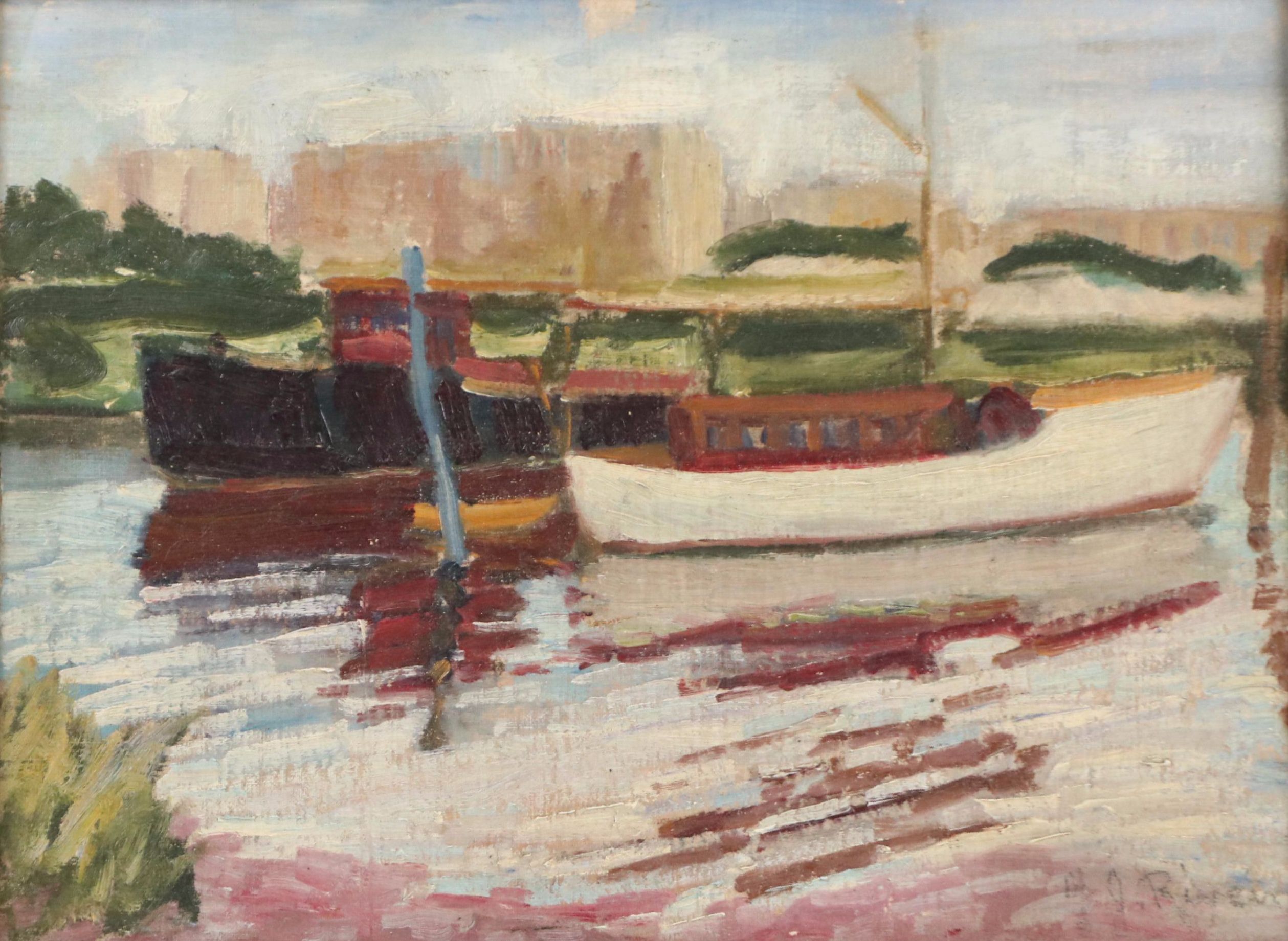 Port Scene Oil Painting, Mid-20th Century