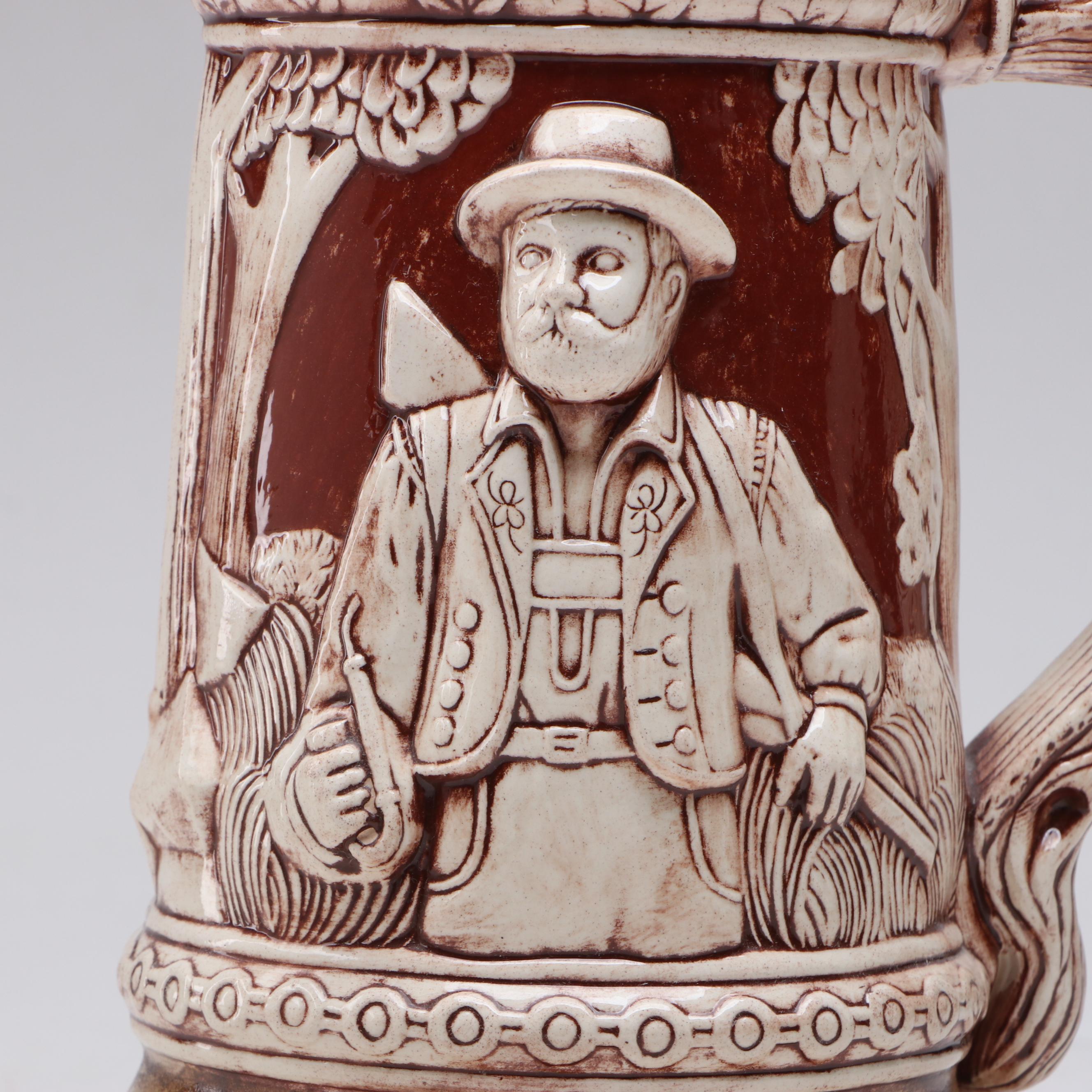 German Traditional Earthenware Stein with Hunter and Stag Theme