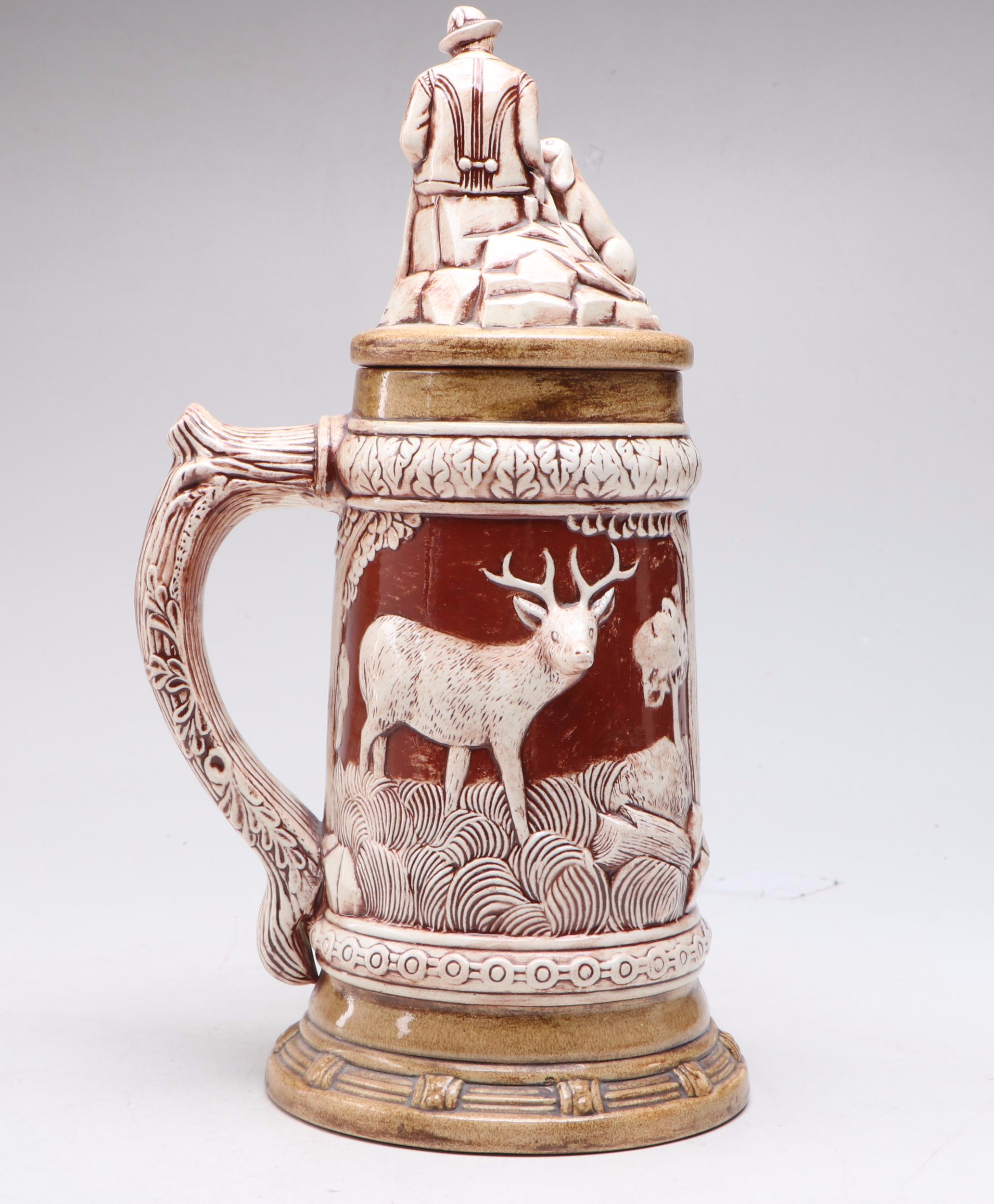German Traditional Earthenware Stein with Hunter and Stag Theme